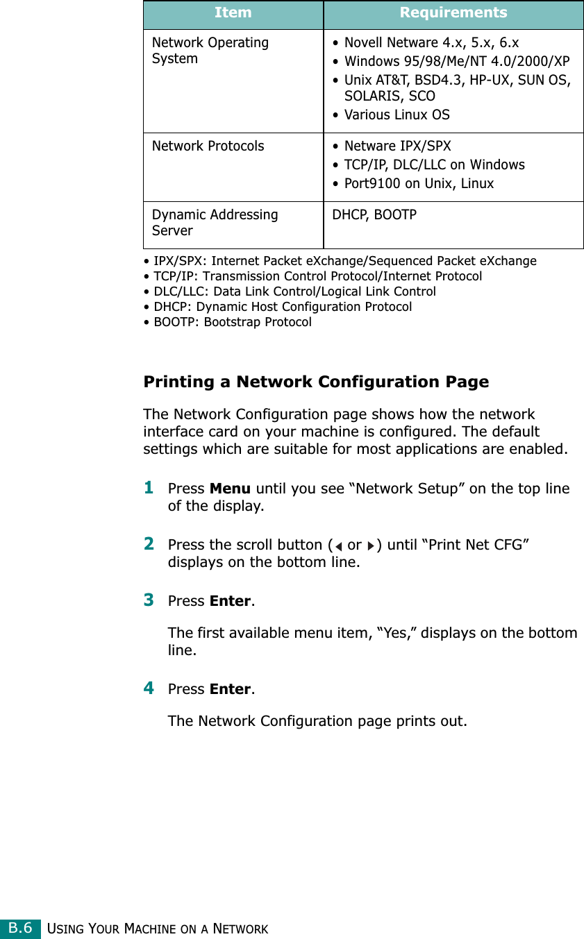USING YOUR MACHINE ON A NETWORKB.6• IPX/SPX: Internet Packet eXchange/Sequenced Packet eXchange• TCP/IP: Transmission Control Protocol/Internet Protocol• DLC/LLC: Data Link Control/Logical Link Control• DHCP: Dynamic Host Configuration Protocol• BOOTP: Bootstrap ProtocolPrinting a Network Configuration PageThe Network Configuration page shows how the network interface card on your machine is configured. The default settings which are suitable for most applications are enabled. 1Press Menu until you see “Network Setup” on the top line of the display.2Press the scroll button (  or  ) until “Print Net CFG” displays on the bottom line.3Press Enter. The first available menu item, “Yes,” displays on the bottom line.4Press Enter.The Network Configuration page prints out.Network Operating System• Novell Netware 4.x, 5.x, 6.x• Windows 95/98/Me/NT 4.0/2000/XP• Unix AT&amp;T, BSD4.3, HP-UX, SUN OS, SOLARIS, SCO• Various Linux OSNetwork Protocols • Netware IPX/SPX• TCP/IP, DLC/LLC on Windows • Port9100 on Unix, LinuxDynamic Addressing ServerDHCP, BOOTPItem Requirements