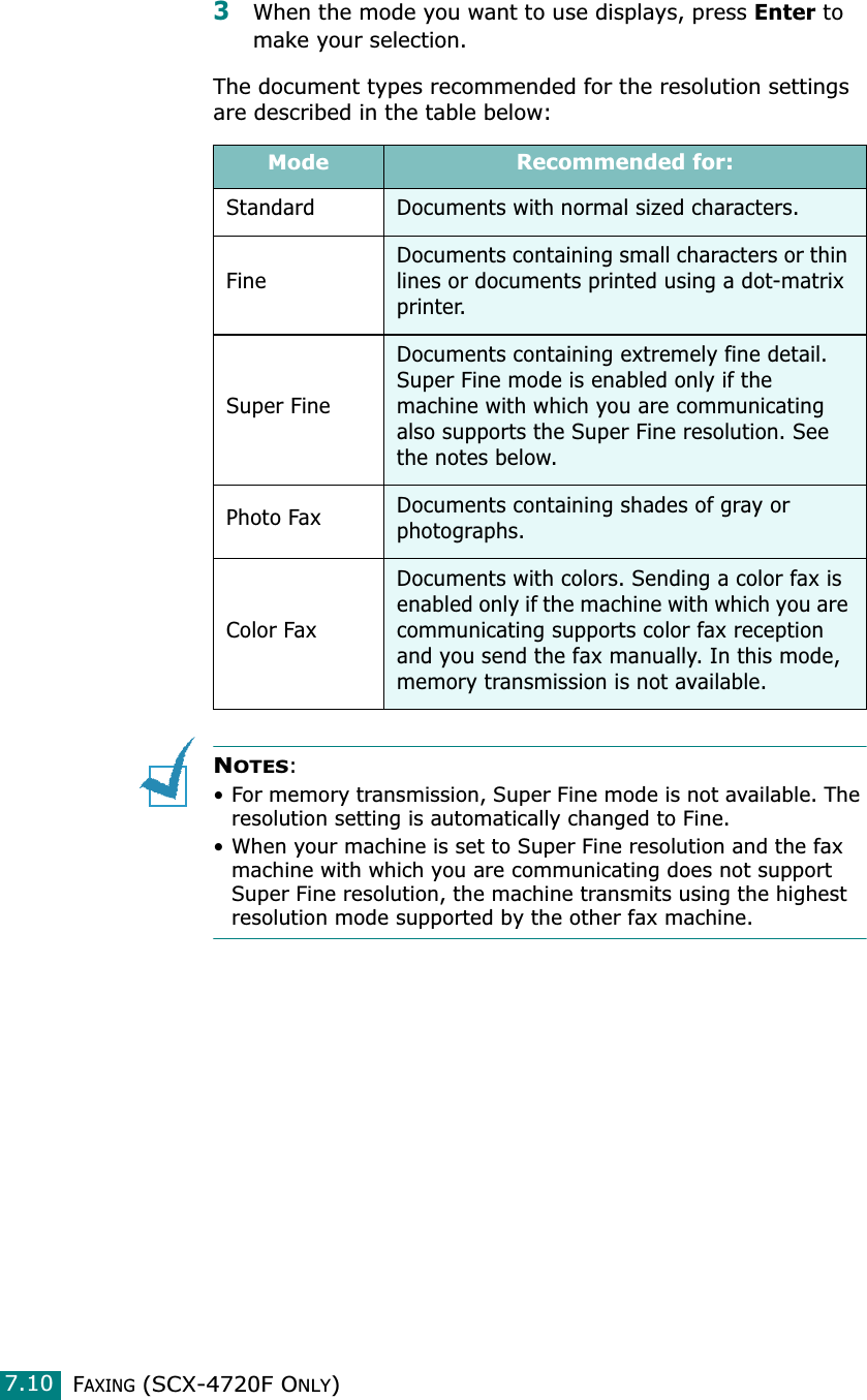 FAXING (SCX-4720F ONLY)7.103When the mode you want to use displays, press Enter to make your selection.The document types recommended for the resolution settings are described in the table below:NOTES: • For memory transmission, Super Fine mode is not available. The resolution setting is automatically changed to Fine. • When your machine is set to Super Fine resolution and the fax machine with which you are communicating does not support Super Fine resolution, the machine transmits using the highest resolution mode supported by the other fax machine.ModeRecommended for:Standard Documents with normal sized characters.FineDocuments containing small characters or thin lines or documents printed using a dot-matrix printer.Super FineDocuments containing extremely fine detail. Super Fine mode is enabled only if the machine with which you are communicating also supports the Super Fine resolution. See the notes below.Photo Fax Documents containing shades of gray or photographs.Color FaxDocuments with colors. Sending a color fax is enabled only if the machine with which you are communicating supports color fax reception and you send the fax manually. In this mode, memory transmission is not available.