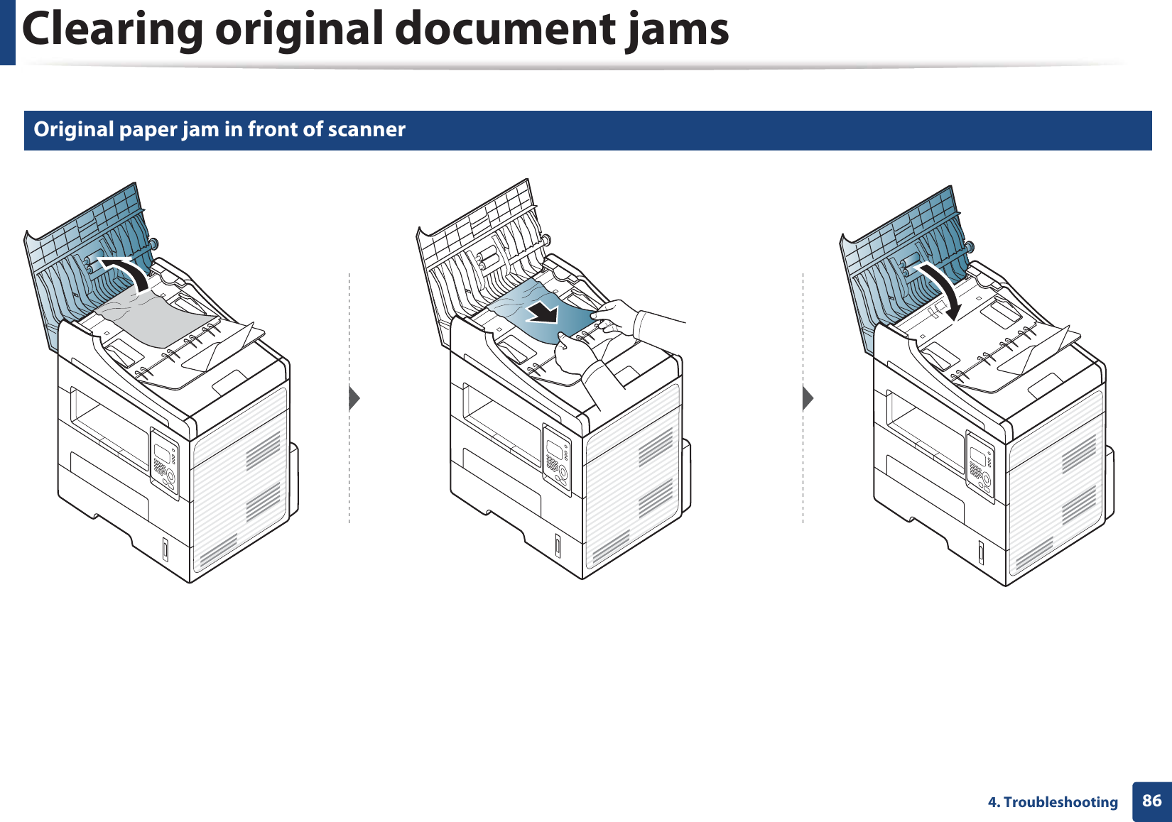 Clearing original document jams864. Troubleshooting1 Original paper jam in front of scanner