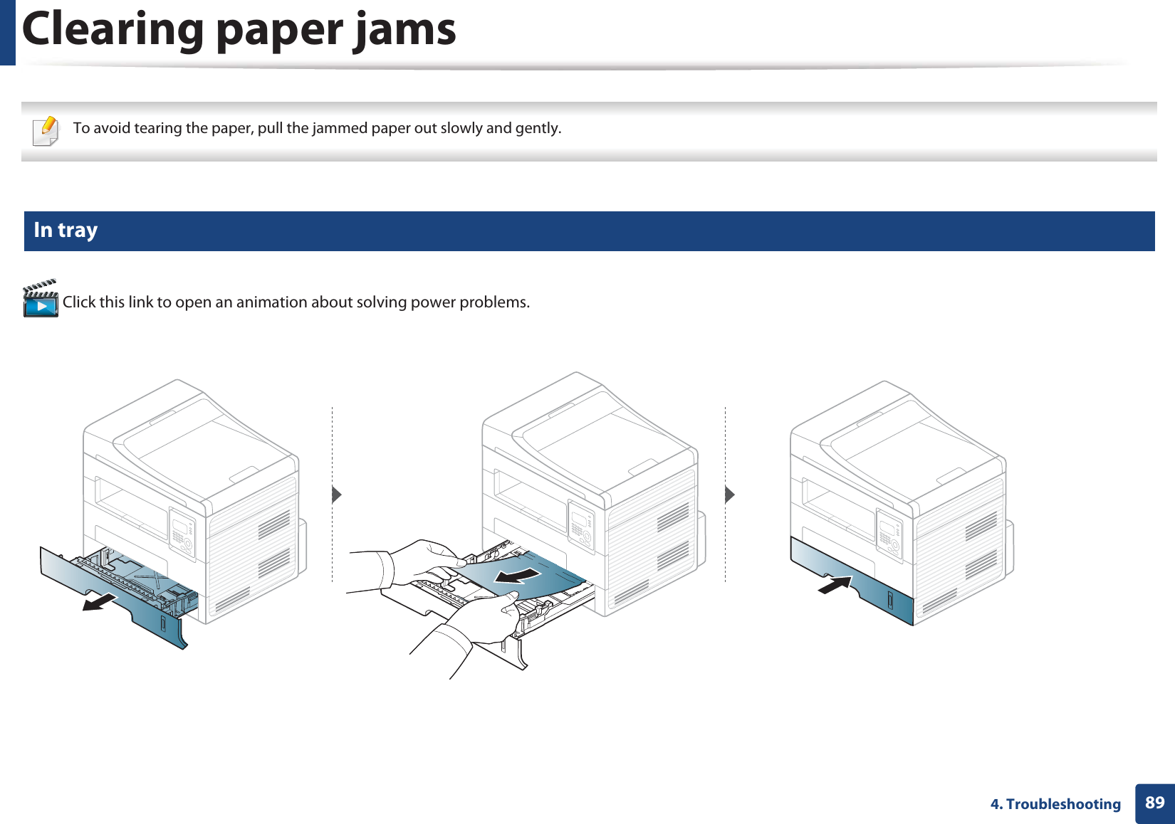 894. TroubleshootingClearing paper jams To avoid tearing the paper, pull the jammed paper out slowly and gently.  4 In tray Click this link to open an animation about solving power problems.