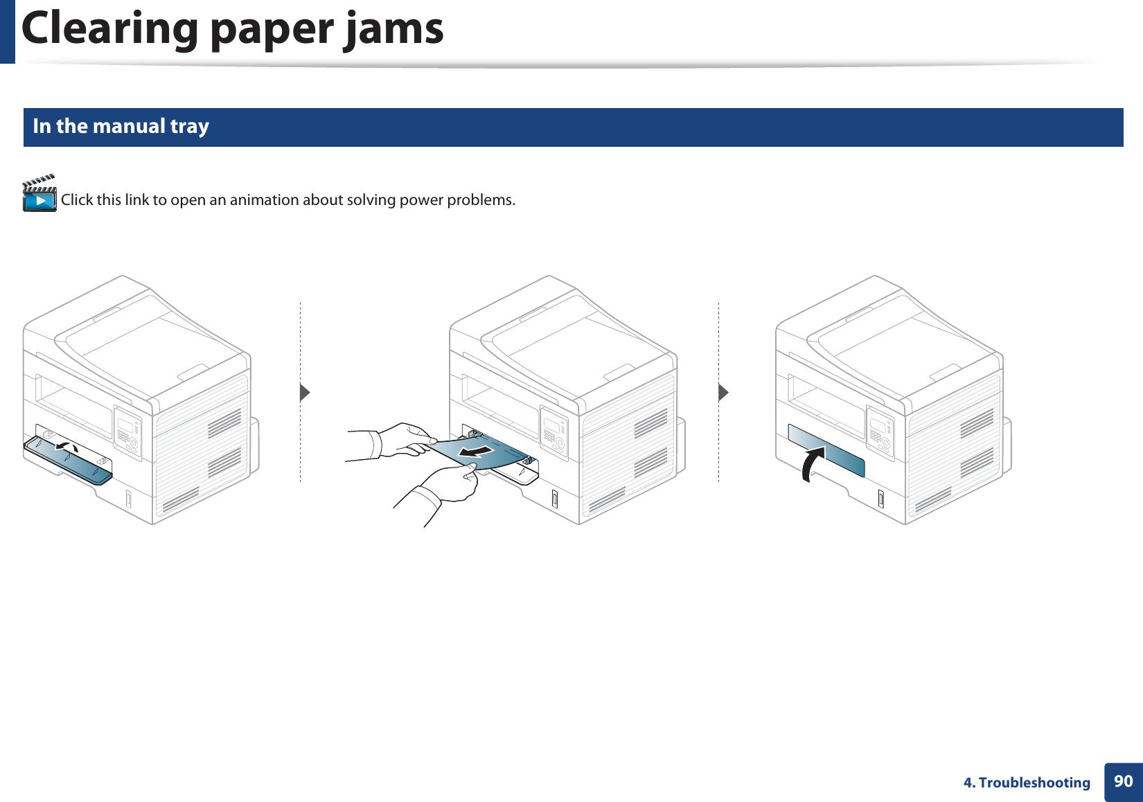 Clearing paper jams904. Troubleshooting5 In the manual tray Click this link to open an animation about solving power problems.