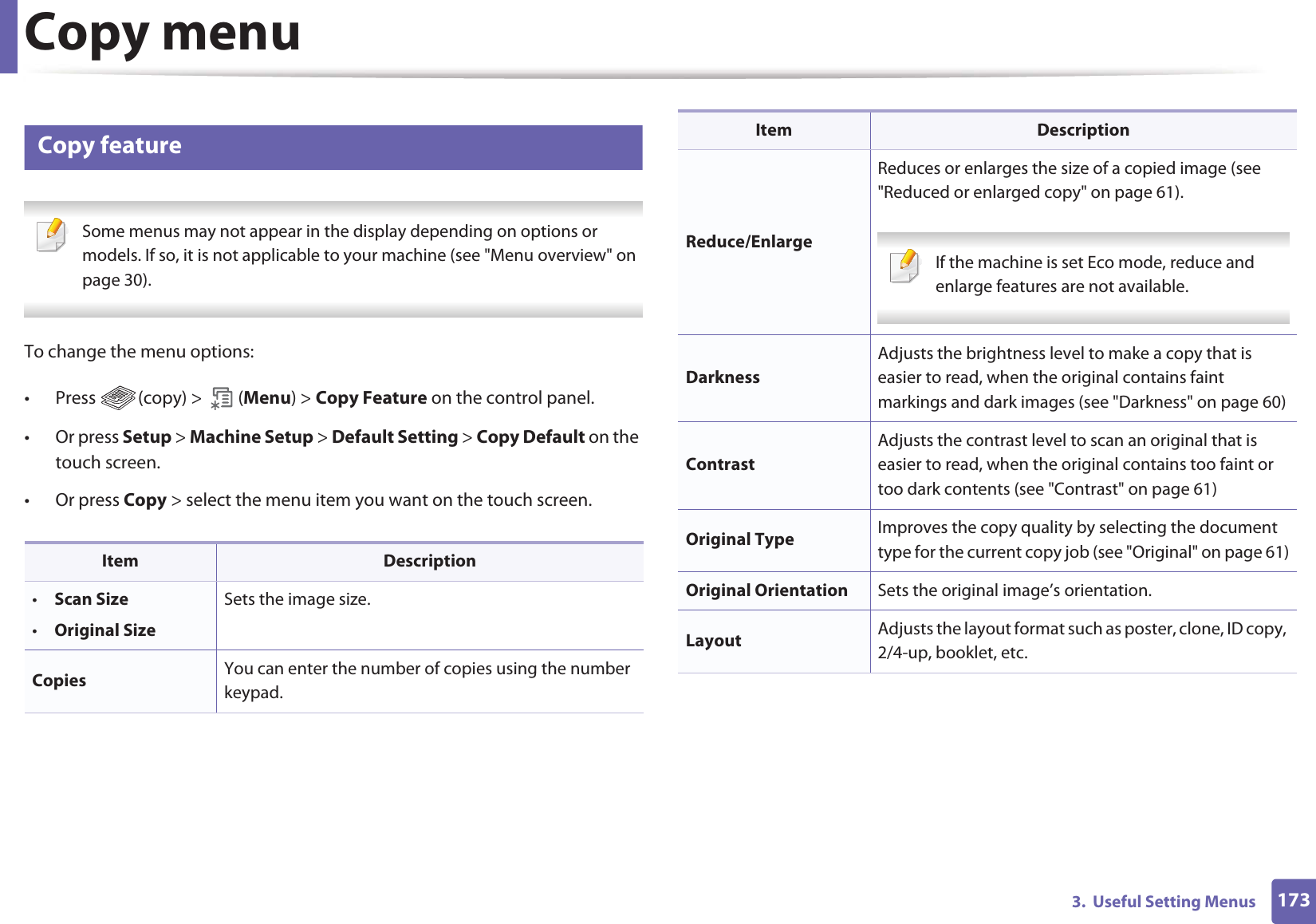 1733.  Useful Setting MenusCopy menu1 Copy feature Some menus may not appear in the display depending on options or models. If so, it is not applicable to your machine (see &quot;Menu overview&quot; on page 30). To change the menu options:• Press  (copy) &gt;   (Menu) &gt; Copy Feature on the control panel.• Or press Setup &gt; Machine Setup &gt; Default Setting &gt; Copy Default on the touch screen.• Or press Copy &gt; select the menu item you want on the touch screen. Item Description•Scan Size•Original SizeSets the image size.Copies  You can enter the number of copies using the number keypad.Reduce/EnlargeReduces or enlarges the size of a copied image (see &quot;Reduced or enlarged copy&quot; on page 61). If the machine is set Eco mode, reduce and enlarge features are not available. DarknessAdjusts the brightness level to make a copy that is easier to read, when the original contains faint markings and dark images (see &quot;Darkness&quot; on page 60)Contrast Adjusts the contrast level to scan an original that is easier to read, when the original contains too faint or too dark contents (see &quot;Contrast&quot; on page 61)Original Type Improves the copy quality by selecting the document type for the current copy job (see &quot;Original&quot; on page 61)Original Orientation Sets the original image’s orientation.Layout Adjusts the layout format such as poster, clone, ID copy, 2/4-up, booklet, etc.Item Description