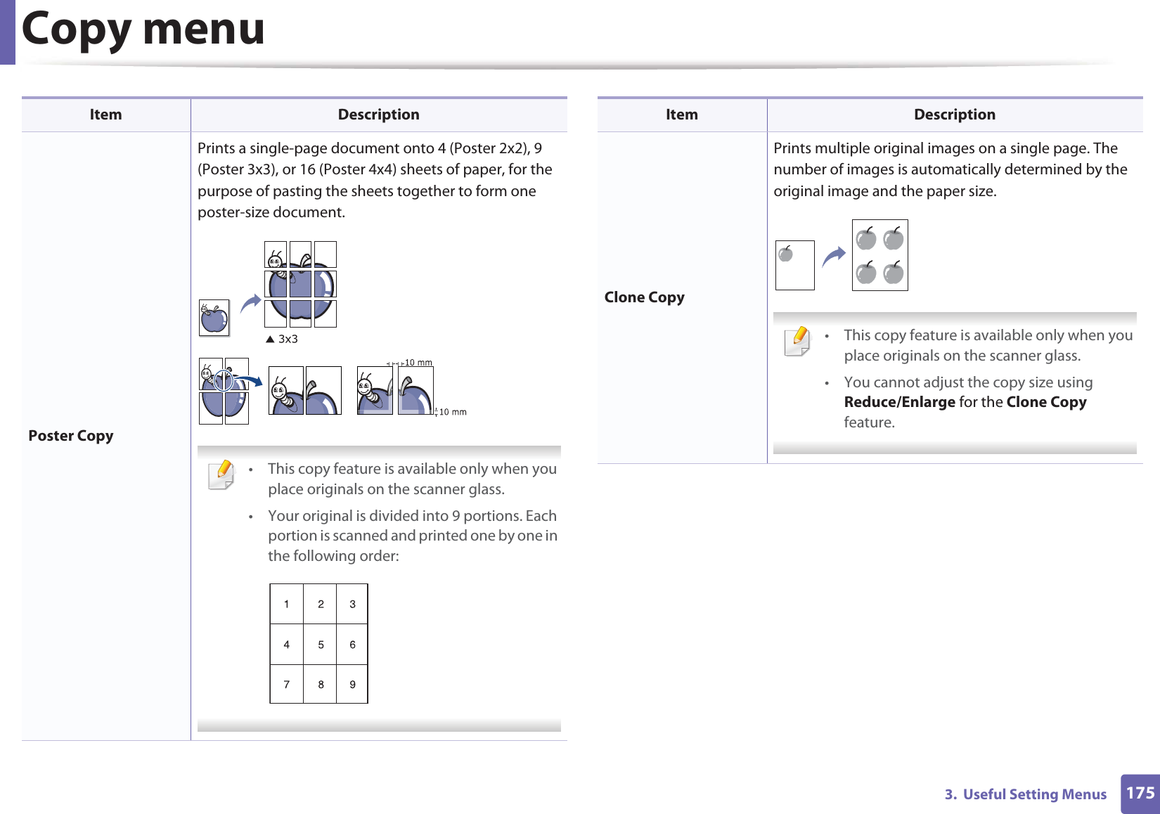 Copy menu1753.  Useful Setting MenusPoster CopyPrints a single-page document onto 4 (Poster 2x2), 9 (Poster 3x3), or 16 (Poster 4x4) sheets of paper, for the purpose of pasting the sheets together to form one poster-size document. • This copy feature is available only when you place originals on the scanner glass. • Your original is divided into 9 portions. Each portion is scanned and printed one by one in the following order: Item DescriptionClone CopyPrints multiple original images on a single page. The number of images is automatically determined by the original image and the paper size. • This copy feature is available only when you place originals on the scanner glass. • You cannot adjust the copy size using Reduce/Enlarge for the Clone Copy feature. Item Description