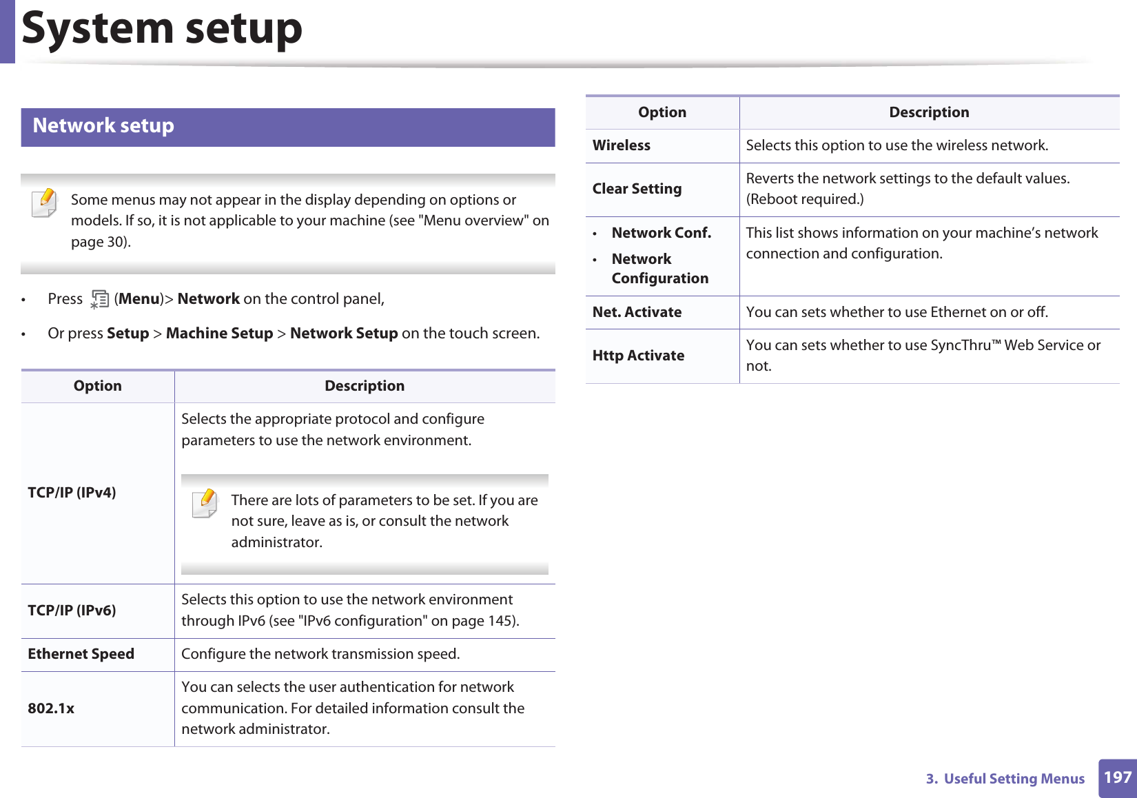 System setup1973.  Useful Setting Menus21 Network setup Some menus may not appear in the display depending on options or models. If so, it is not applicable to your machine (see &quot;Menu overview&quot; on page 30). • Press  (Menu)&gt; Network on the control panel,• Or press Setup &gt; Machine Setup &gt; Network Setup on the touch screen.Option DescriptionTCP/IP (IPv4)Selects the appropriate protocol and configure parameters to use the network environment. There are lots of parameters to be set. If you are not sure, leave as is, or consult the network administrator. TCP/IP (IPv6) Selects this option to use the network environment through IPv6 (see &quot;IPv6 configuration&quot; on page 145).Ethernet Speed Configure the network transmission speed.802.1xYou can selects the user authentication for network communication. For detailed information consult the network administrator.Wireless Selects this option to use the wireless network.Clear Setting Reverts the network settings to the default values. (Reboot required.)•Network Conf.•Network ConfigurationThis list shows information on your machine’s network connection and configuration.Net. Activate You can sets whether to use Ethernet on or off.Http Activate You can sets whether to use SyncThru™ Web Service or not.Option Description
