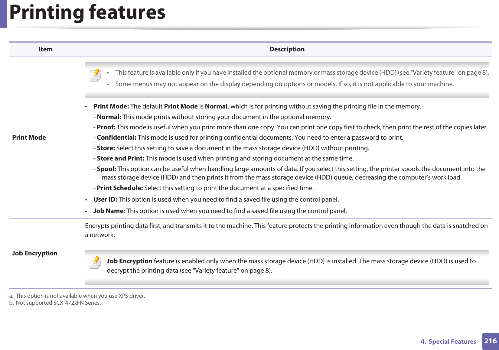 Printing features2164.  Special Features Print Mode • This feature is available only if you have installed the optional memory or mass storage device (HDD) (see &quot;Variety feature&quot; on page 8).• Some menus may not appear on the display depending on options or models. If so, it is not applicable to your machine. •Print Mode: The default Print Mode is Normal, which is for printing without saving the printing file in the memory. -Normal: This mode prints without storing your document in the optional memory. -Proof: This mode is useful when you print more than one copy. You can print one copy first to check, then print the rest of the copies later. -Confidential: This mode is used for printing confidential documents. You need to enter a password to print. -Store: Select this setting to save a document in the mass storage device (HDD) without printing. -Store and Print: This mode is used when printing and storing document at the same time. -Spool: This option can be useful when handling large amounts of data. If you select this setting, the printer spools the document into the mass storage device (HDD) and then prints it from the mass storage device (HDD) queue, decreasing the computer’s work load.-Print Schedule: Select this setting to print the document at a specified time.•User ID: This option is used when you need to find a saved file using the control panel. •Job Name: This option is used when you need to find a saved file using the control panel. Job EncryptionEncrypts printing data first, and transmits it to the machine. This feature protects the printing information even though the data is snatched on a network. Job Encryption feature is enabled only when the mass storage device (HDD) is installed. The mass storage device (HDD) is used to decrypt the printing data (see &quot;Variety feature&quot; on page 8). a. This option is not available when you use XPS driver.b. Not supported SCX-472xFN Series.Item Description