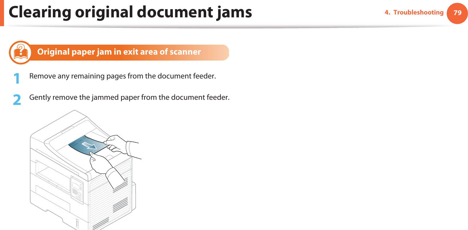 Clearing original document jams 794. Troubleshooting3 Original paper jam in exit area of scanner1Remove any remaining pages from the document feeder.2  Gently remove the jammed paper from the document feeder.