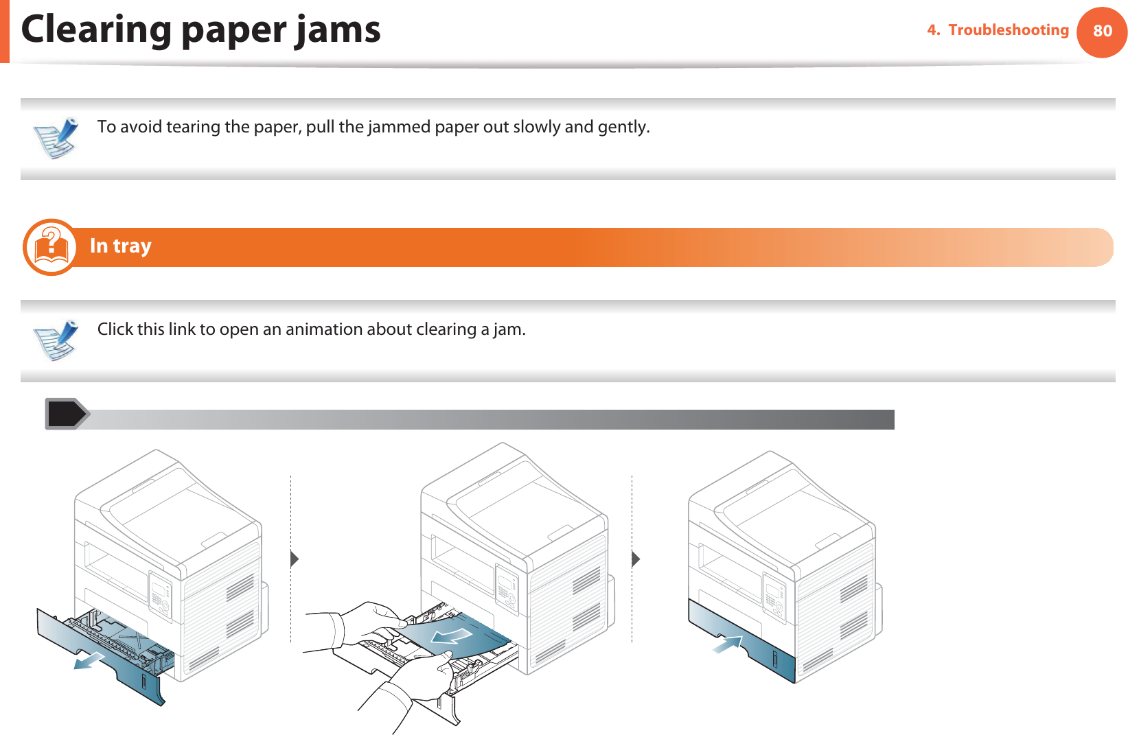 804. TroubleshootingClearing paper jams To avoid tearing the paper, pull the jammed paper out slowly and gently.  4 In tray Click this link to open an animation about clearing a jam. 