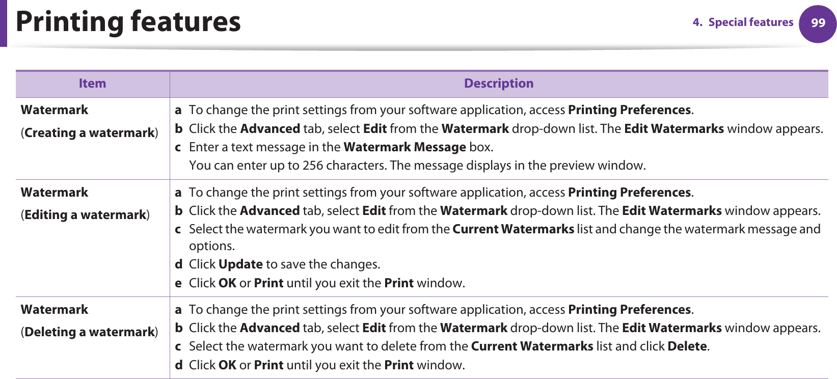 Printing features 994. Special featuresWatermark(Creating a watermark)a  To change the print settings from your software application, access Printing Preferences.b  Click the Advanced tab, select Edit from the Watermark drop-down list. The Edit Watermarks window appears.c  Enter a text message in the Watermark Message box. You can enter up to 256 characters. The message displays in the preview window.Watermark(Editing a watermark)a  To change the print settings from your software application, access Printing Preferences.b  Click the Advanced tab, select Edit from the Watermark drop-down list. The Edit Watermarks window appears. c  Select the watermark you want to edit from the Current Watermarks list and change the watermark message and options. d  Click Update to save the changes.e  Click OK or Print until you exit the Print window. Watermark(Deleting a watermark)a  To change the print settings from your software application, access Printing Preferences.b  Click the Advanced tab, select Edit from the Watermark drop-down list. The Edit Watermarks window appears. c  Select the watermark you want to delete from the Current Watermarks list and click Delete. d  Click OK or Print until you exit the Print window.Item Description