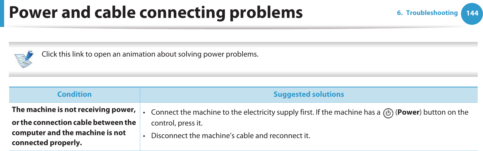 1446. TroubleshootingPower and cable connecting problems Click this link to open an animation about solving power problems.   Condition Suggested solutionsThe machine is not receiving power, or the connection cable between the computer and the machine is not connected properly.• Connect the machine to the electricity supply first. If the machine has a   (Power) button on the control, press it. • Disconnect the machine’s cable and reconnect it.