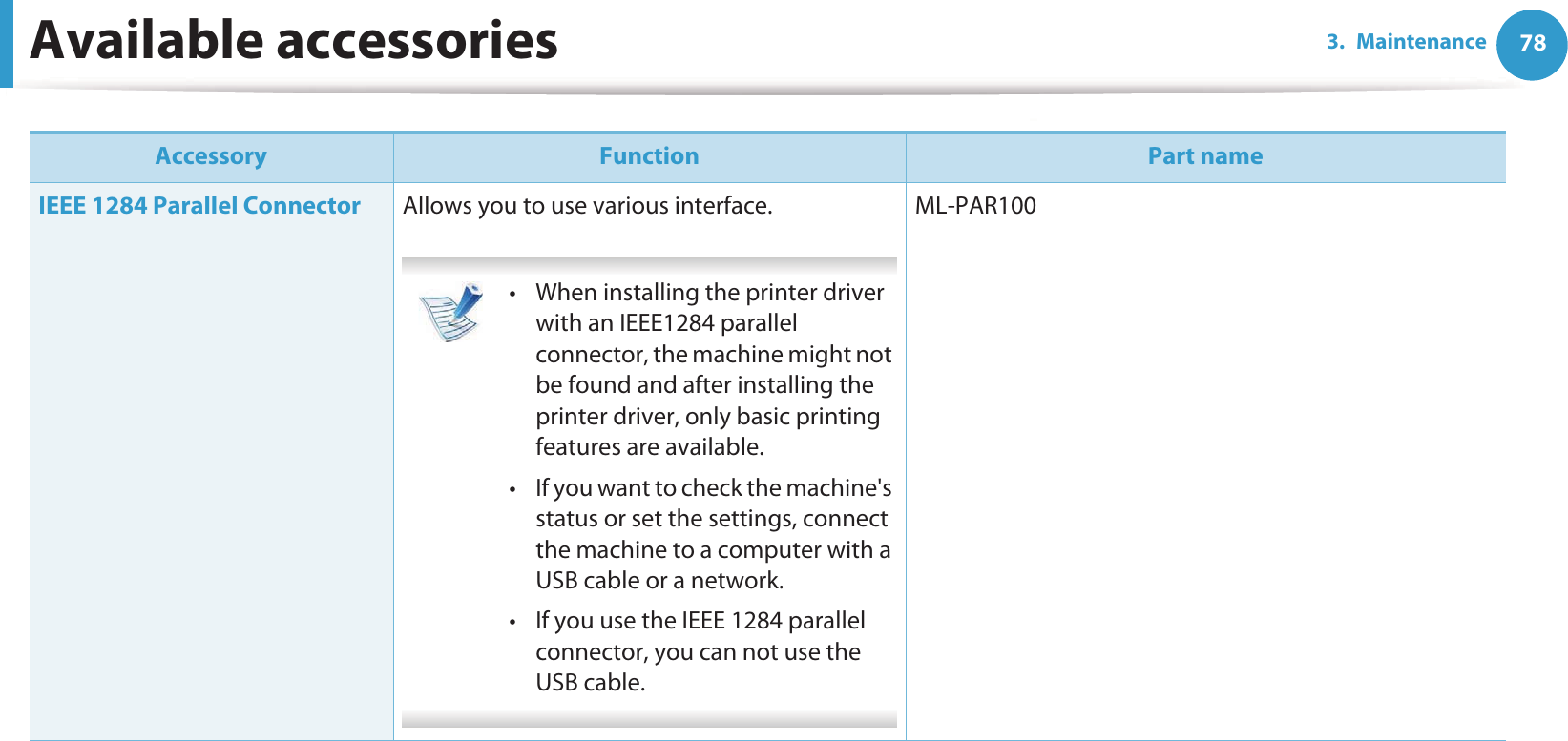 Available accessories 783. Maintenance IEEE 1284 Parallel Connector Allows you to use various interface. • When installing the printer driver with an IEEE1284 parallel connector, the machine might not be found and after installing the printer driver, only basic printing features are available.• If you want to check the machine&apos;s status or set the settings, connect the machine to a computer with a USB cable or a network.• If you use the IEEE 1284 parallel connector, you can not use the USB cable. ML-PAR100Accessory Function Part name