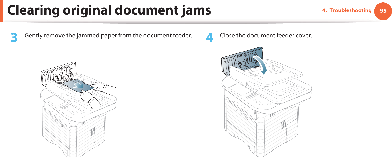Clearing original document jams 954. Troubleshooting3  Gently remove the jammed paper from the document feeder. 4  Close the document feeder cover.