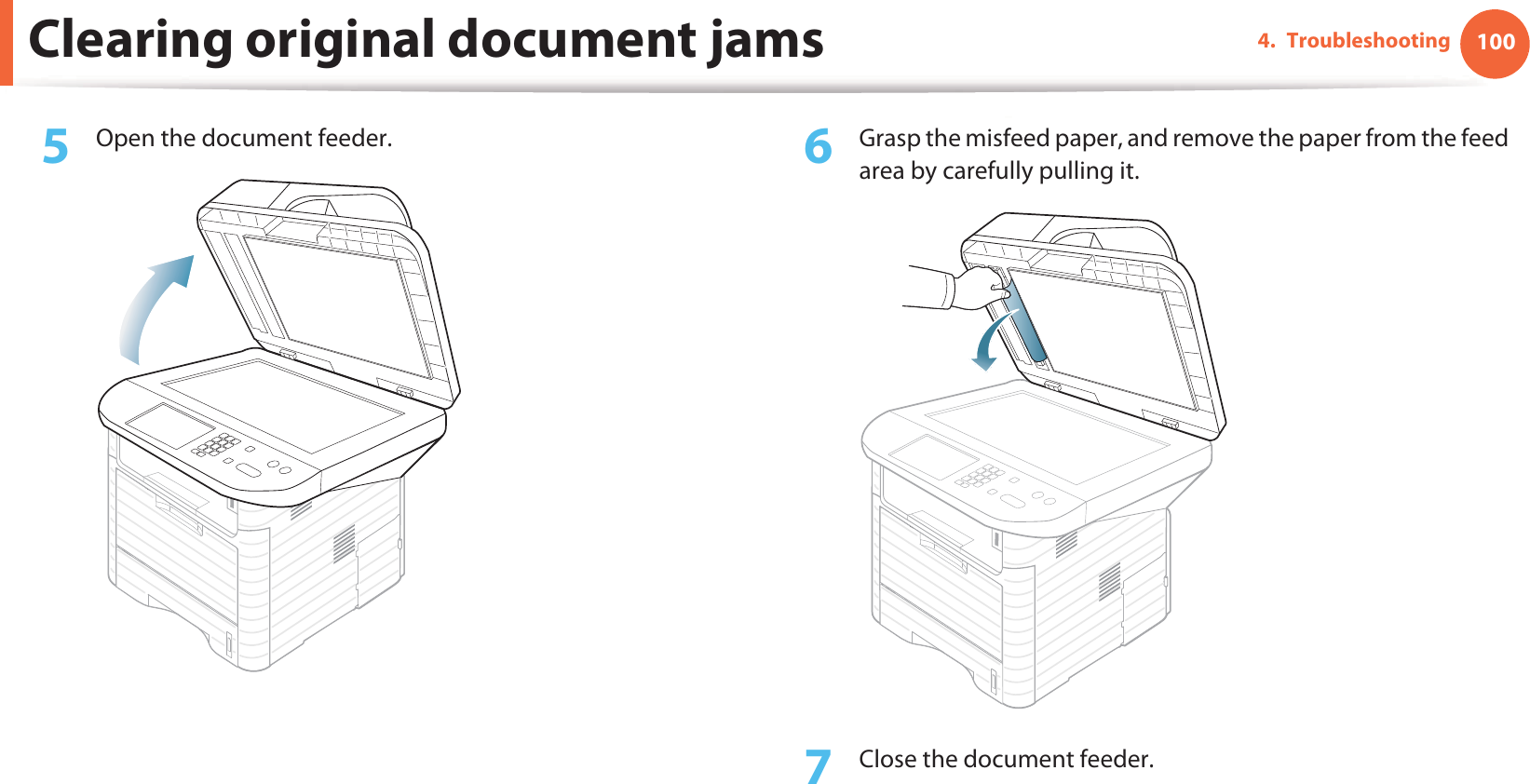 Clearing original document jams 1004. Troubleshooting5  Open the document feeder. 6  Grasp the misfeed paper, and remove the paper from the feed area by carefully pulling it.7  Close the document feeder.