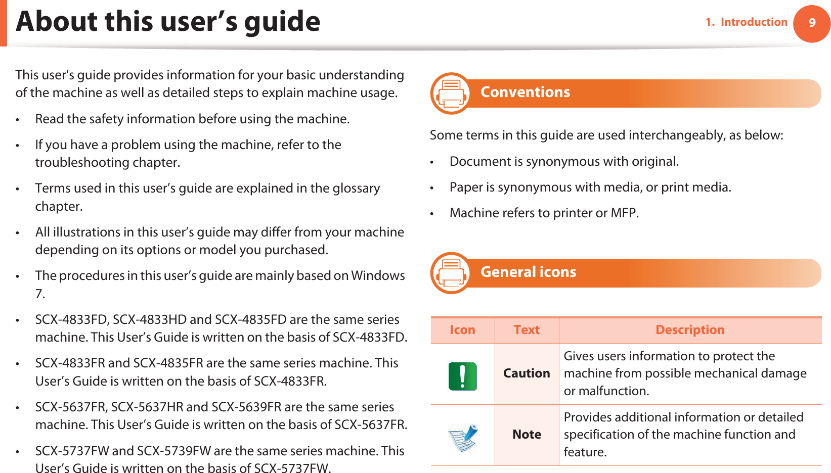 91. IntroductionAbout this user’s guideThis user&apos;s guide provides information for your basic understanding of the machine as well as detailed steps to explain machine usage.• Read the safety information before using the machine.• If you have a problem using the machine, refer to the troubleshooting chapter.• Terms used in this user’s guide are explained in the glossary chapter.• All illustrations in this user’s guide may differ from your machine depending on its options or model you purchased.• The procedures in this user’s guide are mainly based on Windows 7.• SCX-4833FD, SCX-4833HD and SCX-4835FD are the same series machine. This User’s Guide is written on the basis of SCX-4833FD.• SCX-4833FR and SCX-4835FR are the same series machine. This User’s Guide is written on the basis of SCX-4833FR.• SCX-5637FR, SCX-5637HR and SCX-5639FR are the same series machine. This User’s Guide is written on the basis of SCX-5637FR.• SCX-5737FW and SCX-5739FW are the same series machine. This User’s Guide is written on the basis of SCX-5737FW.1 ConventionsSome terms in this guide are used interchangeably, as below:• Document is synonymous with original.• Paper is synonymous with media, or print media.• Machine refers to printer or MFP.2 General iconsIcon Text DescriptionCautionGives users information to protect the machine from possible mechanical damage or malfunction.NoteProvides additional information or detailed specification of the machine function and feature.