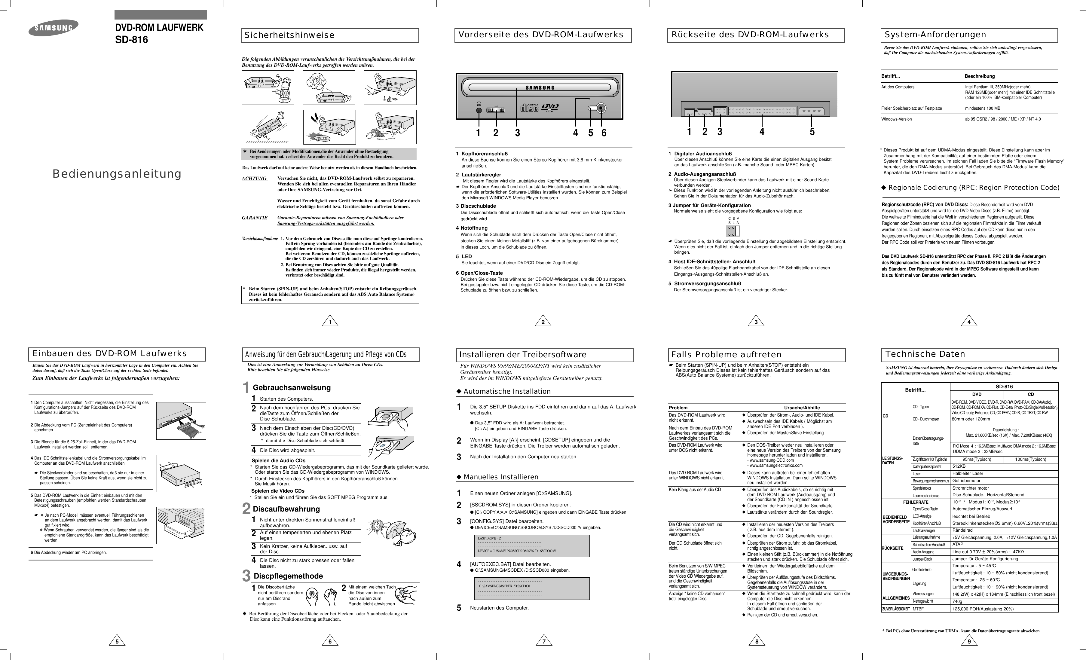Betrifft... BeschreibungArt des Computers Intel Pentium III, 350MHz(oder mehr),RAM 128MB(oder mehr) mit einer IDE Schnittstelle(oder ein 100% IBM-kompatibler Computer)Freier Speicherplatz auf Festplatte mindestens 100 MBWindows-Version* Dieses Produkt ist auf dem UDMA-Modus eingestellt. Diese Einstellung kann aber im Zusammenhang mit der Kompatibilität auf einer bestimmten Platte oder einemSystem Probleme verursachen. Im solchen Fall laden Sie bitte die “Firmware Flash Memory” herunter, die den DMA-Modus unterstüzt. Bei Gebrauch des DMA-Modus’ kann dieKapazität des DVD-Treibers leicht zurückgehen.ab 95 OSR2 / 98 / 2000 / ME / XP / NT 4.01Vorderseite des DVD-ROM-Laufwerks Rückseite des DVD-ROM-LaufwerksTechnische Daten2 3 45 9213 4 51 Digitaler AudioanschlußÜber diesen Anschluß können Sie eine Karte die einen digitalen Ausgang besitztan das Laufwerk anschließen (z.B. manche Sound- oder MPEC-Karten).2 Audio-AusgangsanschlußÜber diesen 4poligen Steckverbinder kann das Laufwerk mit einer Sound-Karteverbunden werden.➢Diese Funktion wird in der vorliegenden Anleitung nicht ausführlich beschrieben.Sehen Sie in der Dokumentation für das Audio-Zubehör nach.Bauen Sie das DVD-ROM Laufwerk in horizontaler Lage in den Computer ein. Achten Siedabei darauf, daß sich die Taste Open/Close auf der rechten Seite befindet.1Den Computer ausschalten. Nicht vergessen, die Einstellung desKonfigurations-Jumpers auf der Rückseite des DVD-ROMLaufwerks zu überprüfen.2Die Abdeckung vom PC (Zentraleinheit des Computers)abnehmen.3Die Blende für die 5,25-Zoll-Einheit, in der das DVD-ROMLaufwerk installiert werden soll, entfernen.4Das IDE Schnittstellenkabel und die Stromversorgungskabel imComputer an das DVD-ROM Laufwerk anschließen.☛Die Steckverbinder sind so beschaffen, daß sie nur in einerStellung passen. Üben Sie keine Kraft aus, wenn sie nicht zupassen scheinen.5Das DVD-ROM Laufwerk in die Einheit einbauen und mit denBefestigungsschrauben (empfohlen werden StandardschraubenM3x6x4) befestigen.☛◆Je nach PC-Modell müssen eventuell Führungsschienen an dem Laufwerk angebracht werden, damit das Laufwerkgut fixiert wird.◆Wenn Schrauben verwendet werden, die länger sind als dieempfohlene Standardgröße, kann das Laufwerk beschädigtwerden.6Die Abdeckung wieder am PC anbringen.3 Jumper für Geräte-KonfigurationNormalerweise sieht die vorgegebene Konfiguration wie folgt aus:☛Überprüfen Sie, daß die vorliegende Einstellung der abgebildeten Einstellung entspricht.Wenn dies nicht der Fall ist, einfach den Jumper entfernen und in die richtige Stellungbringen.4 Host IDE-Schnittstellen- AnschlußSchließen Sie das 40polige Flachbandkabel von der IDE-Schnittstelle an diesenEingangs-/Ausgangs-Schnittstellen-Anschluß an.5  StromversorgungsanschlußDer Stromversorgungsanschluß ist ein vieradriger Stecker.CSSLMABevor Sie das DVD-ROM Laufwerk einbauen, sollten Sie sich unbedingt vergewissern,daß Ihr Computer die nachstehenden System-Anforderungen erfüllt.System-AnforderungenEinbauen des DVD-ROM LaufwerksDauerleistung : Max. 21,600KB/sec (16X) / Max. 7,200KB/sec (48X)CDFEHLERRATERÜCKSEITEBEDIENFELDVORDERSEITEUMGEBUNGS-BEDINGUNGENALLGEMEINESLEISTUNGS-DATENCD - DurchmesserCD - TypenDatenübertragungs-rateZugriffszeit(1/3 Typisch)DatenpufferkapazitätLaserBewegungsmechanismusSpindelmotorLademechanismusOpen/Close-TasteLED-AnzeigeKopfhörer-AnschluBLautstärkereglerGerätebetriebLagerungLeistungsaufnahmeSchnittstellen-AnschlußAudio-AnsgangJumper-BlockAbmessungenNettogewichttZUVERLÄSSIGKEITMTBFDVD-ROM, DVD-VIDEO, DVD-R, DVD-RW, DVD-RAM, CD-DA(Audio), CD-ROM, CD-ROM XA, CD-Plus, CD-Extra, Photo-CD(Single,Multi-session), Video CD ready, Enhanced CD, CD-I/FMV, CD-R, CD-TEXT, CD-RW80mm oder 120mmPIO Mode  4  : 16.6MB/sec. Multiword DMA mode 2 : 16.6MB/secUDMA mode 2 : 33MB/sec95ms(Typisch) 100ms(Typisch)512KBHalbleiter LaserGetriebemotorStromrichter motorDisc-Schublade.  Horizontal/StehendAutomatischer Einzug/AuswurfRändelradleuchtet bei BetriebStereoklinkenstecker(Ø3.6mm) 0.60V±20%(vrms)33Ω+5V Gleichspannung, 2.0A,  +12V Gleichspannung,1.0AATAPILine out 0.70V ±20%(vrms) :  47KΩJumper für Geräte-KonfigurierungTemperatur : 5 ~ 45°CLuftfeuchtigkeit : 10 ~ 80% (nicht kondensierend)Luftfeuchtigkeit : 10 ~ 90% (nicht kondensierend)Temperatur : -25 ~ 60°C148.2(W) x 42(H) x 184mm (Einschliesslich front bezel)740g125,000 POH(Auslastung 20%)10-15    /   Modus1:10-12, Modus2:10-9Betrifft... DVD CDSAMSUNG ist dauernd bestrebt, ihre Erzeugnisse zu verbessern. Dadurch ändern sich Designund Bedienungsanweisungen jederzeit ohne vorherige Ankündigung.6 7 8DVD-ROM LAUFWERKSD-816BedienungsanleitungSicherheitshinweiseDie folgenden Abbildungen veranschaulichen die Vorsichtsmaßnahmen, die bei derBenutzung des DVD-ROM-Laufwerks getroffen werden müsen.Das Laufwerk darf auf keine andere Weise benutzt werden als in diesem Handbuch beschrieben.Wasser und Feuchtigkeit vom Gerät fernhalten, da sonst Gefahr durchelektrische Schläge besteht bzw. Geräteschäden auftreten können.ACHTUNG  Versuchen Sie nicht, das DVD-ROM-Laufwerk selbst zu reparieren.Wenden Sie sich bei allen eventuellen Reparaturen an Ihren Händleroder Ihre SAMSUNG-Vertretung vor Ort.GARANTIE Garantie-Reparaturen müssen von Samsung-Fachhändlern oderSamsung-Vertragswerkstätten ausgeführt werden.Vorsichtsmaßnahme1. Vor dem Gebrauch von Discs sollte man diese auf Sprünge kontrolieren.Fall ein Sprung vorhanden ist (besonders am Rande des Zentralloches),empfehlen wir dringend, eine Kopie der CD zu erstellen.Bei weiterem Benutzen der CD, können zusätzliche Sprünge auftreten,die die CD zerstören und dadurch auch das Laufwerk.2. Bei Benutzung von Discs achten Sie bitte auf gute Quallität.Es finden sich immer wieder Produkte, die illegal hergestellt werden,verkratzt oder beschädigt sind.* Beim Starten (SPIN-UP) und beim Anhalten(STOP) entsteht ein Reibungsgeräusch.Dieses ist kein fehlerhaftes Geräusch sondern auf das ABS(Auto Balance Systeme)zurückzuführen.Installieren der Treibersoftware◆ Automatische InstallationFalls Probleme auftretenFür WINDOWS 95/98/ME/2000/XP/NT wird kein zusätzlicherGerätetreiber benötigt.Es wird der im WINDOWS mitgelieferte Gerätetreiber genutzt.1Die 3,5&quot; SETUP Diskette ins FDD einführen und dann auf das A: Laufwerkwechseln.Wenn im Display [A:\] erscheint, [CDSETUP] eingeben und dieEINGABE Taste drücken. Die Treiber werden automatisch geladen.●Das 3,5&quot; FDD wird als A: Laufwerk betrachtet.[C:\ A:] eingeben und EINGABE Taste drücken.2Nach der Installation den Computer neu starten.3◆ Manuelles Installieren1Einen neuen Ordner anlegen [C:\SAMSUNG].[SSCDROM.SYS] in diesen Ordner kopieren.●[C:\ COPY A:*.*C:\SAMSUNG] eingeben und dann EINGABE Taste drücken.2[CONFIG.SYS] Datei bearbeiten.●DEVICE=C:\SAMSUNG\SSCDROM.SYS /D:SSCD000 /V eingeben.3[AUTOEXEC.BAT] Datei bearbeiten.●C:\SAMSUNG\MSCDEX /D:SSCD000 eingeben.4Neustarten des Computer.5☛Beim Starten (SPIN-UP) und beim Anhalten(STOP) entsteht ein Reibungsgeräusch Dieses ist kein fehlerhaftes Geräusch sondern auf das ABS(Auto Balance Systeme) zurückzuführen.Problem Ursache/AbhilfeDas DVD-ROM Laufwerk wirdnicht erkannt.Nach dem Einbau des DVD-ROMLaufwerkes verlangsamt sich dieGeschwindigkeit des PCs.◆Überprüfen der Strom-, Audio- und IDE Kabel.◆Auswechseln des IDE Kabels ( Möglichst amanderen IDE Port verbinden ). ◆Überprüfen der Master/Slave EinstellungDas DVD-ROM Laufwerk wirdunter DOS nicht erkannt. ◆Den DOS-Treiber wieder neu installieren odereine neue Version des Treibers von der SamsungHomepage herunter laden und installieren.- www.samsung-ODD.com- www.samsungelectronics.comDas DVD-ROM Laufwerk wirdunter WINDOWS nicht erkannt. ◆Dieses kann auftreten bei einer fehlerhaftenWINDOWS Installation. Dann sollte WINDOWSneu installiert werden.Kein Klang aus der Audio CD ◆Überprüfen des Audiokabels, ob es richtig mitdem DVD-ROM Laufwerk (Audioausgang) und der Soundkarte (CD IN ) angeschlossen ist. ◆Überprüfen der Funktionalität der Soundkarte◆Lautstärke verändern durch den Soundregler.Die CD wird nicht erkannt unddie Geschwindigkeitverlangsamt sich.◆Installieren der neuesten Version des Treibers( z.B. aus dem Internet ).◆Überprüfen der CD. Gegebenenfalls reinigen.Beim Benutzen von S/W MPECtreten ständige Unterbrechungender Video CD Wiedergabe auf,und die Geschwindigkeit verlangsamt sich.◆Verkleinern der Wiedergabebildfläche auf demBildschirm.◆Überprüfen der Auflösungsstufe des Bildschirms.Gegebenenfalls die Auflösungsstufe in derSystemsteuerung von WINDOW verändern.Anzeige &quot; keine CD vorhanden&quot;trotz eingelegter Disc. ◆Wenn die Starttaste zu schnell gedrückt wird, kann derComputer die Disc nicht erkennen.In diesem Fall öffnen und schließen derSchublade und erneut versuchen.◆Reinigen der CD und erneut versuchen.Der CD Schublade öffnet sichnicht. ◆Überprüfen der Strom zufuhr, ob das Stromkabel,richtig angeschlossen ist. ◆Einen kleinen Stift (z.B. Büroklammer) in die Notöffnungstecken und stark drücken. Die Schublade öffnet sich.* Bei PCs ohne Unterstützung von UDMA , kann die Datenübertragungsrate abweichen.LAST DRIVE = Z- - - - - - - - - - - - - - - - - - - - - - - - - - - - - - - - - - - -- - - - - - - - - - - - - - - - - - - - - - - - - - - - - - - - - - - - DEVICE = C :\SAMSUNG\SSCDROM.SYS /D : SSCD000 /V- - - - - - - - - - - - - - - - - - - - - - - - - - - - - - - - - - - - C :\SAMSUNG\MSCDEX  /D:SSCD000- - - - - - - - - - - - - - - - - - - - - - - - - - - - - - - - - - - - - - - - - - - - - - - - - - - - - - - - - - - - - - - - - - - - - - - - ◆ Regionale Codierung (RPC: Region Protection Code)Regionschutzcode (RPC) von DVD Discs: Diese Besonderheit wird vom DVDAbspielgeräten unterstützt und wird für die DVD Video Discs (z.B. Filme) benötigt.Die weltweite Filmindustrie hat die Welt in verschiedenen Regionen aufgeteilt. DieseRegionen oder Zonen beziehen sich auf die regionalen Filmmärkte in die Filme verkauftwerden sollen. Durch einsetzen eines RPC Codes auf der CD kann diese nur in denfreigegebenen Regionen, mit Abspielgeräte dieses Codes, abgespielt werden.Der RPC Code soll vor Piraterie von neuen Filmen vorbeugen.Das DVD Laufwerk SD-816 unterstützt RPC der Phase II. RPC 2 läßt die Änderungendes Regionalcodes durch den Benutzer zu. Das DVD SD-816 Laufwerk hat RPC 2als Standard. Der Regionalcode wird in der MPEG Software eingestellt und kannbis zu fünft mal von Benutzer verändert werden.Zum Einbauen des Laufwerks ist folgendermaßen vorzugehen:Anweisung für den Gebrauch/Lagerung und Pflege von CDsDies ist eine Anmerkung zur Vermeidung von Schäden an Ihren CDs.Bitte beachten Sie die folgenden Hinweise.1❈  Bei Berührung der Discoberfläche oder bei Flecken- oder Staubbedeckung derDisc kann eine Funktionsstörung auftauchen.Gebrauchsanweisung1Discaufbewahrung2Discpflegemethode3Starten des Computers.2Nach dem hochfahren des PCs, drücken SiedieTaste zum Öffnen/Schließen derDisc-Schublade.3Nach dem Einschieben der Disc(CD/DVD)drücken Sie die Taste zum Öffnen/Schließen.4Die Disc wird abgespielt.Spielen die Audio CDs*  Starten Sie das CD-Wiedergabeprogramm, das mit der Soundkarte geliefert wurde.Oder starten Sie das CD-Wiedergabeprogramm von WINDOWS.*  Durch Einstecken des Kopfhörers in den Kopfhöreranschluß können Sie Musik hören.Spielen die Video CDs * Stellen Sie ein und führen Sie das SOFT MPEG Programm aus.*  damit die Disc-Schublade sich schließt.1Nicht unter direkten Sonnenstrahleneinflußaufbewahren.1Die Discoberflächenicht berühren sondernnur am Discrandanfassen.2Mit einem weichen Tuchdie Disc von innennach außen zumRande leicht abwischen.2Auf einen temperierten und ebenen Platzlegen.3Kein Kratzer, keine Aufkleber...usw. aufder Disc4Die Disc nicht zu stark pressen oder fallenlassen.SD-8161 KopfhöreranschlußAn diese Buchse können Sie einen Stereo-Kopfhörer mit 3,6 mm-Klinkensteckeranschließen.2  LautstärkereglerMit diesem Regler wird die Lautstärke des Kopfhörers eingestellt.☛ Der Kopfhörer-Anschluß und die Lautstärke-Einstelltasten sind nur funktionsfähig,    ☛ wenn die erforderlichen Software-Utilities installiert wurden. Sie können zum Beispiel   ☛ den Microsoft WINDOWS Media Player benutzen.5  LEDSie leuchtet, wenn auf einer DVD/CD Disc ein Zugriff erfolgt.3 Discschublade Die Discschublade öffnet und schließt sich automatisch, wenn die Taste Open/Closegedrückt wird.4 NotöffnungWenn sich die Schublade nach dem Drücken der Taste Open/Close nicht öffnet,stecken Sie einen kleinen Metallstiff (z.B. von einer aufgebogenen Büroklammer)in dieses Loch, um die Schublade zu öffnen.6 Open/Close-TasteDrücken Sie diese Taste während der CD-ROM-Wiedergabe, um die CD zu stoppen. Bei gestoppter bzw. nicht eingelegter CD drücken Sie diese Taste, um die CD-ROM-Schublade zu öffnen bzw. zu schließen.12 3 456✱Bei Aenderungen oder Modifikationen,die derAnwender ohne Bestaetigungvorgenommen hat, verliert der Anwender das Recht den Produkt zu benutzen.