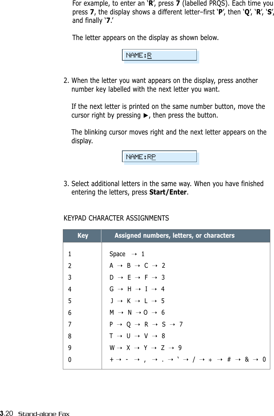 3.20 Stand-alone FaxFor example, to enter an ‘R’, press 7(labelled PRQS). Each time youpress 7, the display shows a different letter–first ‘P’, then ‘Q’,  ‘R’,  ‘S’,and finally ‘7.’ The letter appears on the display as shown below.2. When the letter you want appears on the display, press anothernumber key labelled with the next letter you want.If the next letter is printed on the same number button, move thecursor right by pressing ❿, then press the button.The blinking cursor moves right and the next letter appears on thedisplay.3. Select additional letters in the same way. When you have finishedentering the letters, press Start/Enter. KEYPAD CHARACTER ASSIGNMENTS Key1234567890Space  ➝1A  ➝B  ➝C  ➝2D ➝E  ➝F  ➝3G  ➝H  ➝I  ➝4J  ➝K  ➝L  ➝5M  ➝N  ➝O  ➝6P  ➝Q  ➝R ➝S  ➝7T  ➝U  ➝V ➝8W ➝X  ➝Y  ➝Z  ➝9+ ➝-  ➝,  ➝. ➝‘  ➝/  ➝➝#  ➝&amp;  ➝0Assigned numbers, letters, or charactersNAME:RNAME:RP