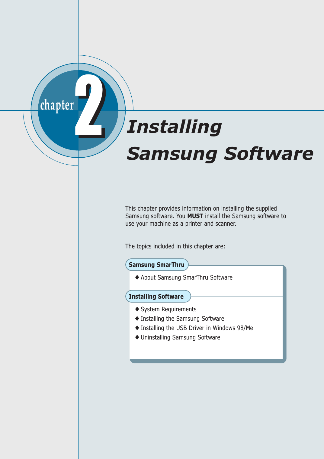 chapter  22This chapter provides information on installing the suppliedSamsung software. You MUST install the Samsung software touse your machine as a printer and scanner.The topics included in this chapter are:Samsung SmarThru◆ About Samsung SmarThru SoftwareInstalling Software◆ System Requirements◆ Installing the Samsung Software◆ Installing the USB Driver in Windows 98/Me◆ Uninstalling Samsung SoftwareInstalling Samsung Software