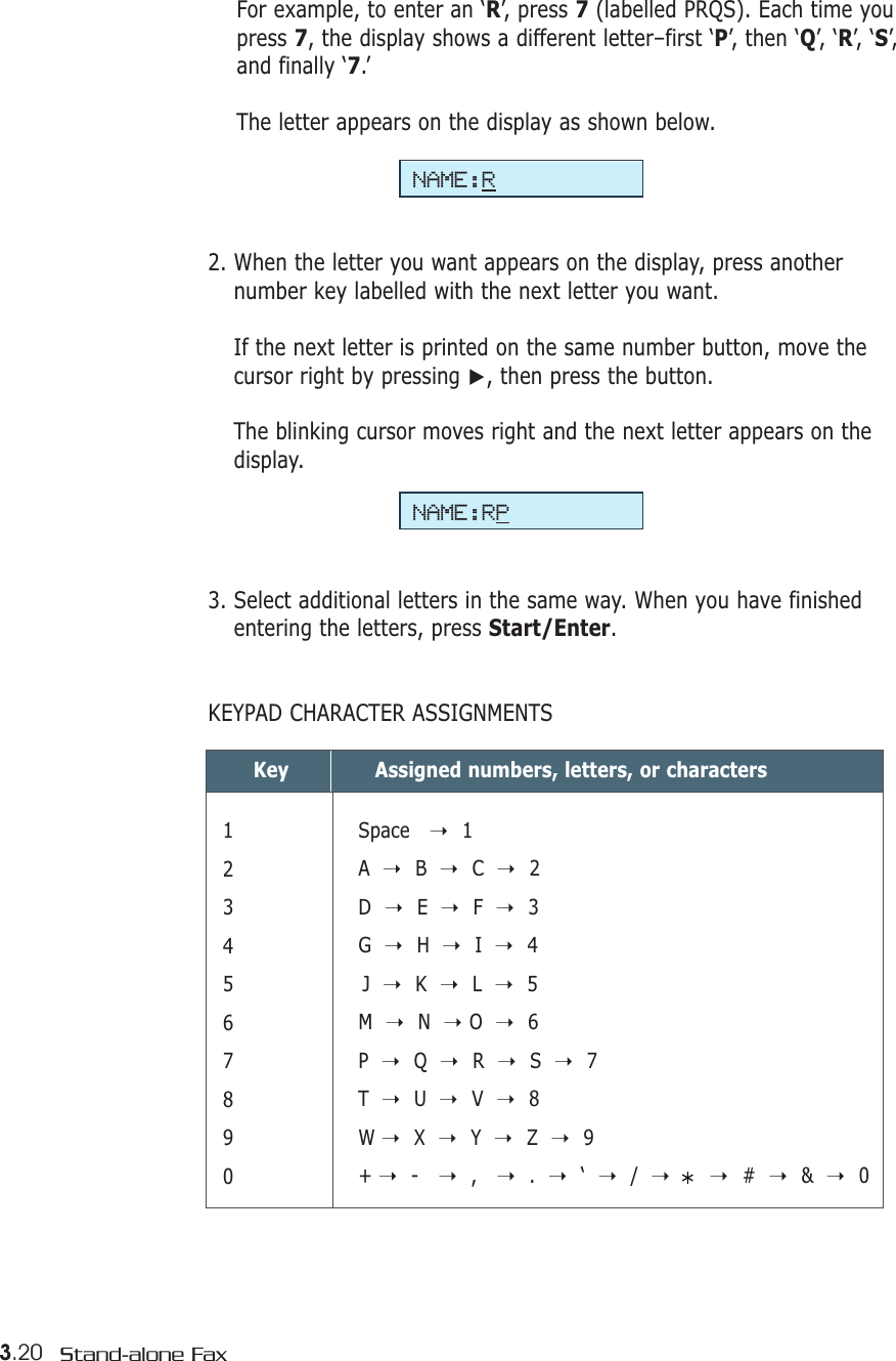 3.20 Stand-alone FaxFor example, to enter an ‘R’, press 7(labelled PRQS). Each time youpress 7, the display shows a different letter–first ‘P’, then ‘Q’,  ‘R’,  ‘S’,and finally ‘7.’ The letter appears on the display as shown below.2. When the letter you want appears on the display, press anothernumber key labelled with the next letter you want.If the next letter is printed on the same number button, move thecursor right by pressing ❿, then press the button.The blinking cursor moves right and the next letter appears on thedisplay.3. Select additional letters in the same way. When you have finishedentering the letters, press Start/Enter. KEYPAD CHARACTER ASSIGNMENTS Key1234567890Assigned numbers, letters, or charactersNAME:RNAME:RPSpace  ➝1A  ➝B  ➝C  ➝2D ➝E  ➝F  ➝3G  ➝H  ➝I  ➝4J  ➝K  ➝L  ➝5M  ➝N  ➝O  ➝6P  ➝Q  ➝R ➝S  ➝7T  ➝U  ➝V ➝8W ➝X  ➝Y  ➝Z  ➝9+ ➝-  ➝,  ➝. ➝‘  ➝/  ➝➝#  ➝&amp;  ➝0