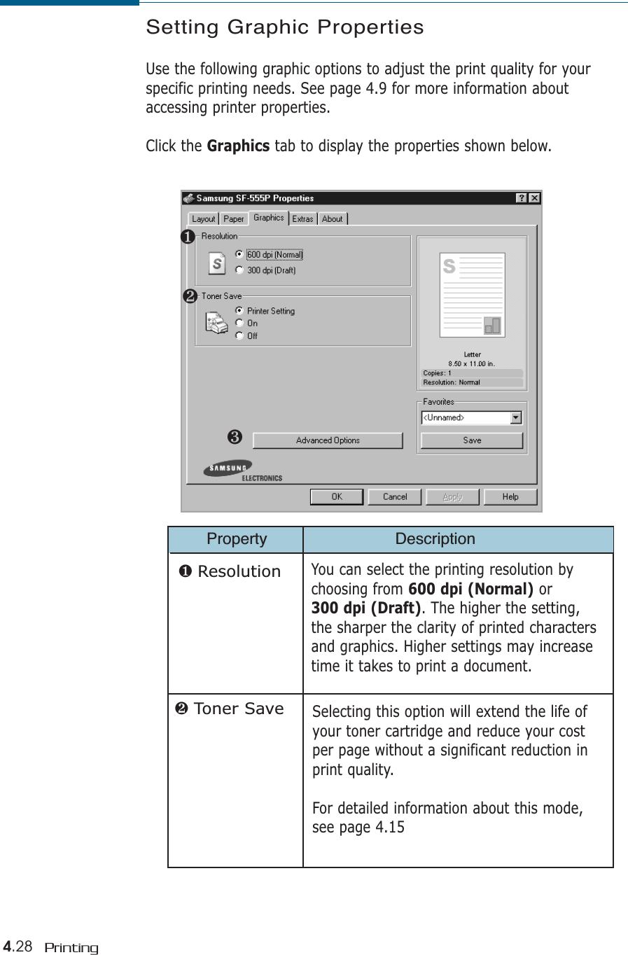 4.28 PrintingSetting Graphic PropertiesUse the following graphic options to adjust the print quality for yourspecific printing needs. See page 4.9 for more information aboutaccessing printer properties.Click the Graphics tab to display the properties shown below.Property Description❶ Resolution❷ Toner SaveYou can select the printing resolution bychoosing from 600 dpi (Normal) or 300 dpi (Draft). The higher the setting,the sharper the clarity of printed charactersand graphics. Higher settings may increasetime it takes to print a document.Selecting this option will extend the life ofyour toner cartridge and reduce your costper page without a significant reduction inprint quality. For detailed information about this mode,see page 4.15❶❷❸