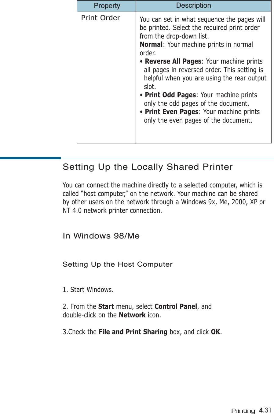 4.31PrintingProperty DescriptionYou can set in what sequence the pages willbe printed. Select the required print orderfrom the drop-down list.Normal: Your machine prints in normalorder.• Reverse All Pages: Your machine prints all pages in reversed order. This setting is helpful when you are using the rear outputslot.• Print Odd Pages: Your machine prints only the odd pages of the document.• Print Even Pages: Your machine prints only the even pages of the document.Print OrderSetting Up the Locally Shared PrinterYou can connect the machine directly to a selected computer, which iscalled “host computer,” on the network. Your machine can be shared by other users on the network through a Windows 9x, Me, 2000, XP orNT 4.0 network printer connection.In Windows 98/MeSetting Up the Host Computer1. Start Windows.2. From the Start menu, select Control Panel, and double-click on the Network icon.3.Check the File and Print Sharing box, and click OK. 