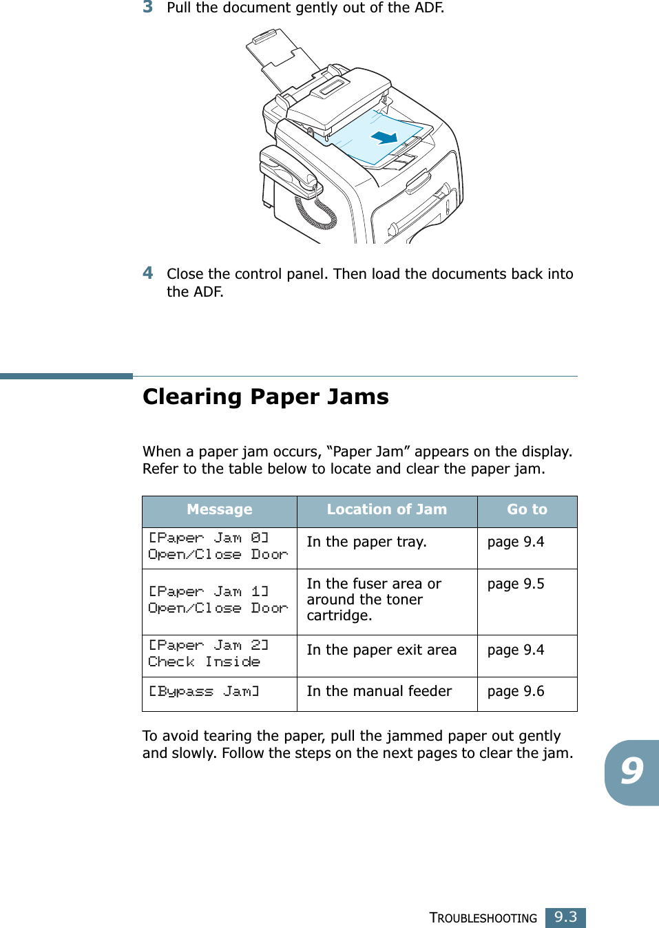 TROUBLESHOOTING9.393Pull the document gently out of the ADF.4Close the control panel. Then load the documents back into the ADF.Clearing Paper JamsWhen a paper jam occurs, “Paper Jam” appears on the display. Refer to the table below to locate and clear the paper jam.To avoid tearing the paper, pull the jammed paper out gently and slowly. Follow the steps on the next pages to clear the jam. Message Location of Jam Go to[Paper Jam 0]Open/Close DoorIn the paper tray.page 9.4[Paper Jam 1]Open/Close DoorIn the fuser area or around the toner cartridge.page 9.5[Paper Jam 2]Check InsideIn the paper exit areapage 9.4[Bypass Jam]In the manual feederpage 9.6