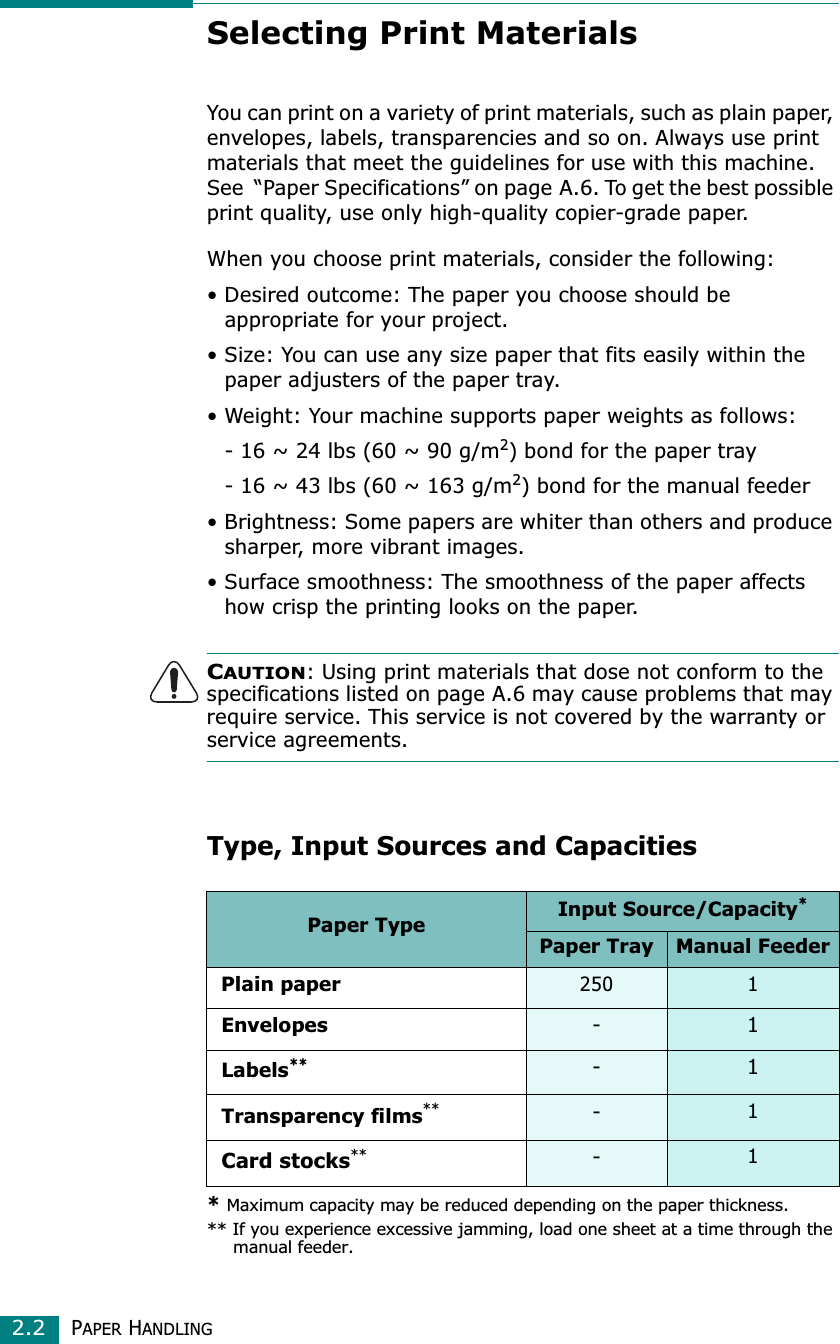 PAPER HANDLING2.2Selecting Print MaterialsYou can print on a variety of print materials, such as plain paper, envelopes, labels, transparencies and so on. Always use print materials that meet the guidelines for use with this machine. See  “Paper Specifications” on page A.6. To get the best possible print quality, use only high-quality copier-grade paper.When you choose print materials, consider the following:• Desired outcome: The paper you choose should be appropriate for your project.• Size: You can use any size paper that fits easily within the paper adjusters of the paper tray.• Weight: Your machine supports paper weights as follows:- 16 ~ 24 lbs (60 ~ 90 g/m2) bond for the paper tray- 16 ~ 43 lbs (60 ~ 163 g/m2) bond for the manual feeder• Brightness: Some papers are whiter than others and produce sharper, more vibrant images.• Surface smoothness: The smoothness of the paper affects how crisp the printing looks on the paper.CAUTION: Using print materials that dose not conform to the specifications listed on page A.6 may cause problems that may require service. This service is not covered by the warranty or service agreements.Type, Input Sources and Capacities Paper Type Input Source/Capacity**Maximum capacity may be reduced depending on the paper thickness.Paper Tray Manual FeederPlain paper250 1Envelopes- 1Labels**** If you experience excessive jamming, load one sheet at a time through the manual feeder.- 1Transparency films**-1Card stocks**-1
