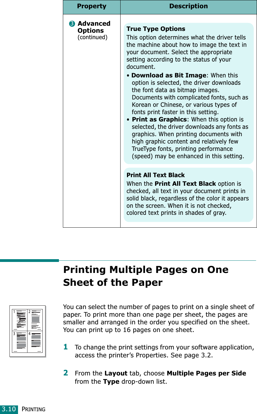 PRINTING3.10Printing Multiple Pages on One Sheet of the Paper You can select the number of pages to print on a single sheet of paper. To print more than one page per sheet, the pages are smaller and arranged in the order you specified on the sheet. You can print up to 16 pages on one sheet.1To change the print settings from your software application, access the printer’s Properties. See page 3.2.2From the Layout tab, choose Multiple Pages per Sidefrom the Type drop-down list. Advanced Options (continued)Property Description3True Type OptionsThis option determines what the driver tells the machine about how to image the text in your document. Select the appropriate setting according to the status of your document. •Download as Bit Image: When this option is selected, the driver downloads the font data as bitmap images. Documents with complicated fonts, such as Korean or Chinese, or various types of fonts print faster in this setting. •Print as Graphics: When this option is selected, the driver downloads any fonts as graphics. When printing documents with high graphic content and relatively few TrueType fonts, printing performance (speed) may be enhanced in this setting.Print All Text BlackWhen the Print All Text Black option is checked, all text in your document prints in solid black, regardless of the color it appears on the screen. When it is not checked, colored text prints in shades of gray.1 23 4