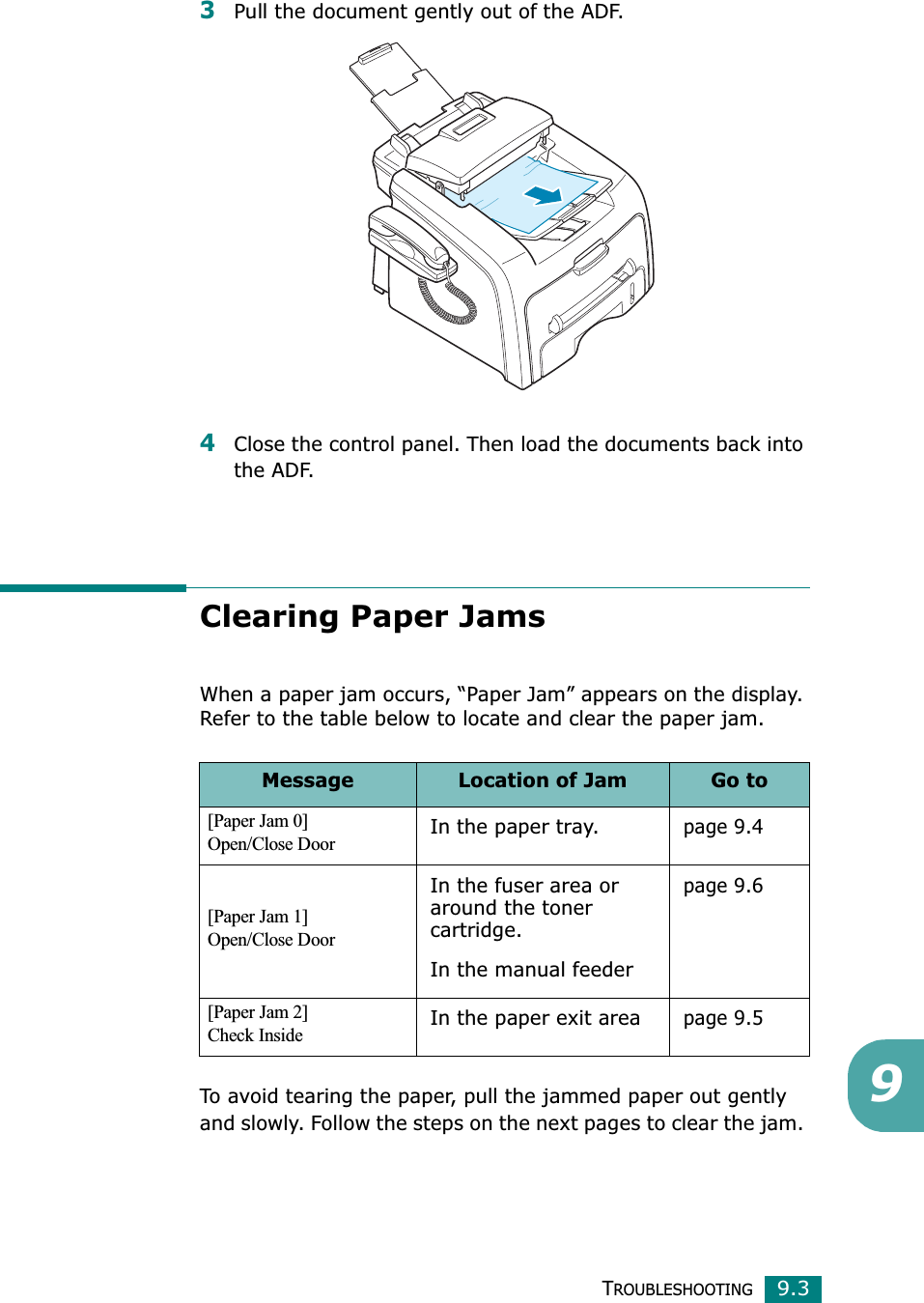 TROUBLESHOOTING9.393Pull the document gently out of the ADF.4Close the control panel. Then load the documents back into the ADF.Clearing Paper JamsWhen a paper jam occurs, “Paper Jam” appears on the display. Refer to the table below to locate and clear the paper jam.To avoid tearing the paper, pull the jammed paper out gently and slowly. Follow the steps on the next pages to clear the jam. Message Location of Jam Go to[Paper Jam 0]Open/Close DoorIn the paper tray.page 9.4[Paper Jam 1]Open/Close DoorIn the fuser area or around the toner cartridge.In the manual feederpage 9.6[Paper Jam 2]Check InsideIn the paper exit areapage 9.5