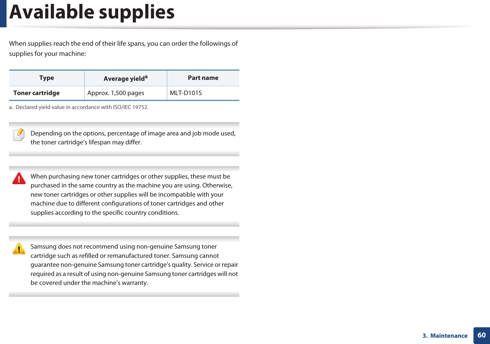 603.  MaintenanceAvailable suppliesWhen supplies reach the end of their life spans, you can order the followings of supplies for your machine: Depending on the options, percentage of image area and job mode used, the toner cartridge’s lifespan may differ.  When purchasing new toner cartridges or other supplies, these must be purchased in the same country as the machine you are using. Otherwise, new toner cartridges or other supplies will be incompatible with your machine due to different configurations of toner cartridges and other supplies according to the specific country conditions.  Samsung does not recommend using non-genuine Samsung toner cartridge such as refilled or remanufactured toner. Samsung cannot guarantee non-genuine Samsung toner cartridge&apos;s quality. Service or repair required as a result of using non-genuine Samsung toner cartridges will not be covered under the machine’s warranty. Type Average yieldaa. Declared yield value in accordance with ISO/IEC 19752.Part name Toner cartridge Approx. 1,500 pages MLT-D101S