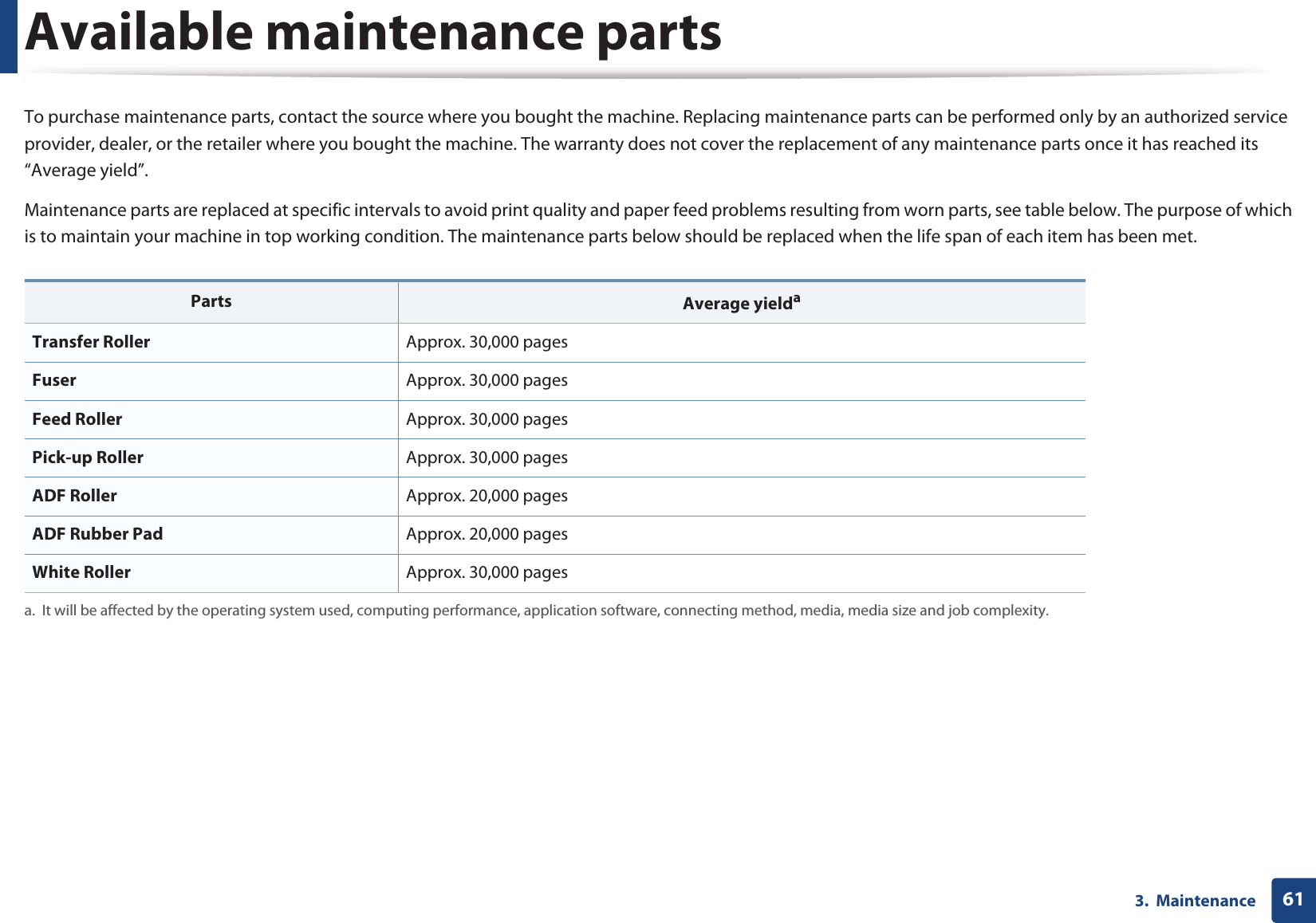 613.  MaintenanceAvailable maintenance partsTo purchase maintenance parts, contact the source where you bought the machine. Replacing maintenance parts can be performed only by an authorized service provider, dealer, or the retailer where you bought the machine. The warranty does not cover the replacement of any maintenance parts once it has reached its “Average yield”.Maintenance parts are replaced at specific intervals to avoid print quality and paper feed problems resulting from worn parts, see table below. The purpose of which is to maintain your machine in top working condition. The maintenance parts below should be replaced when the life span of each item has been met.Parts Average yieldaa. It will be affected by the operating system used, computing performance, application software, connecting method, media, media size and job complexity.Transfer Roller Approx. 30,000 pagesFuser Approx. 30,000 pagesFeed Roller Approx. 30,000 pagesPick-up Roller Approx. 30,000 pagesADF Roller Approx. 20,000 pagesADF Rubber Pad Approx. 20,000 pagesWhite Roller Approx. 30,000 pages