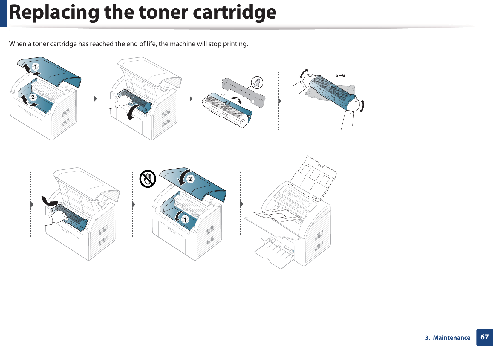 Replacing the toner cartridge673.  MaintenanceWhen a toner cartridge has reached the end of life, the machine will stop printing. 211 2