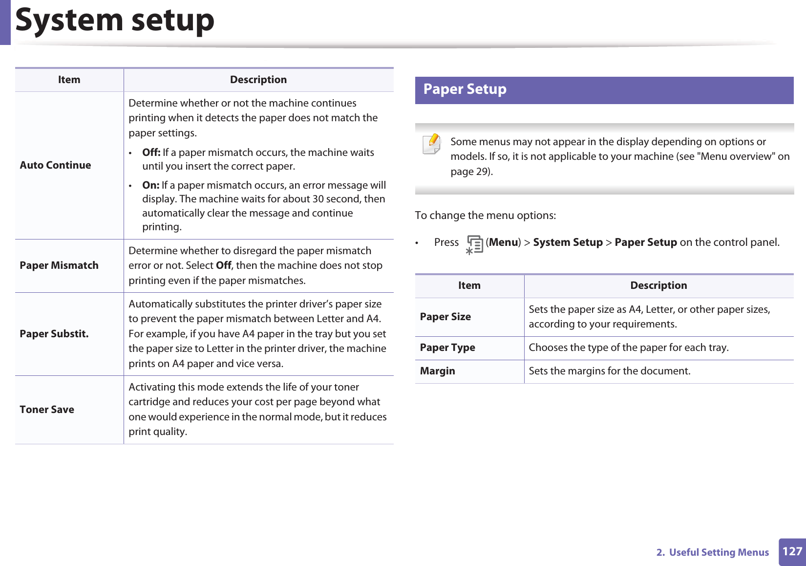 System setup1272.  Useful Setting Menus7 Paper Setup Some menus may not appear in the display depending on options or models. If so, it is not applicable to your machine (see &quot;Menu overview&quot; on page 29). To change the menu options:• Press (Menu) &gt; System Setup &gt; Paper Setup on the control panel.Auto ContinueDetermine whether or not the machine continues printing when it detects the paper does not match the paper settings.•Off: If a paper mismatch occurs, the machine waits until you insert the correct paper. •On: If a paper mismatch occurs, an error message will display. The machine waits for about 30 second, then automatically clear the message and continue printing. Paper MismatchDetermine whether to disregard the paper mismatch error or not. Select Off, then the machine does not stop printing even if the paper mismatches.Paper Substit.Automatically substitutes the printer driver’s paper size to prevent the paper mismatch between Letter and A4. For example, if you have A4 paper in the tray but you set the paper size to Letter in the printer driver, the machine prints on A4 paper and vice versa.Toner SaveActivating this mode extends the life of your toner cartridge and reduces your cost per page beyond what one would experience in the normal mode, but it reduces print quality.Item DescriptionItem DescriptionPaper Size Sets the paper size as A4, Letter, or other paper sizes, according to your requirements.Paper Type Chooses the type of the paper for each tray.Margin Sets the margins for the document.