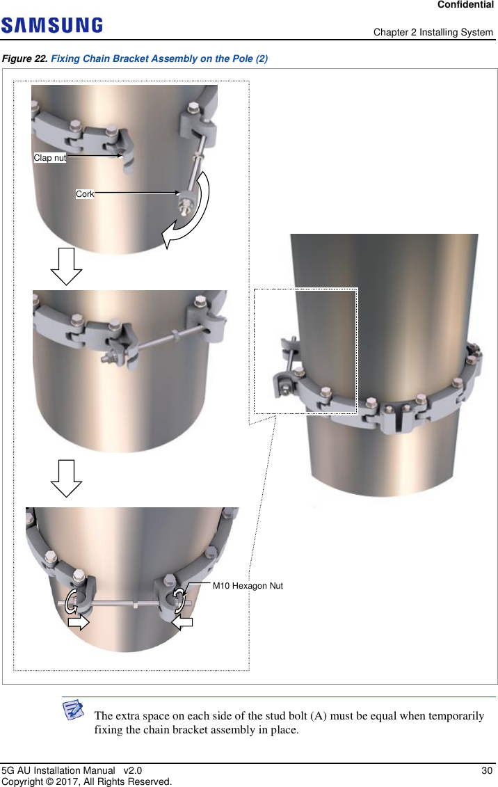 Confidential   Chapter 2 Installing System 5G AU Installation Manual   v2.0   30 Copyright ©  2017, All Rights Reserved. Figure 22. Fixing Chain Bracket Assembly on the Pole (2)   The extra space on each side of the stud bolt (A) must be equal when temporarily fixing the chain bracket assembly in place.  Cork  Clap nut M10 Hexagon Nut 