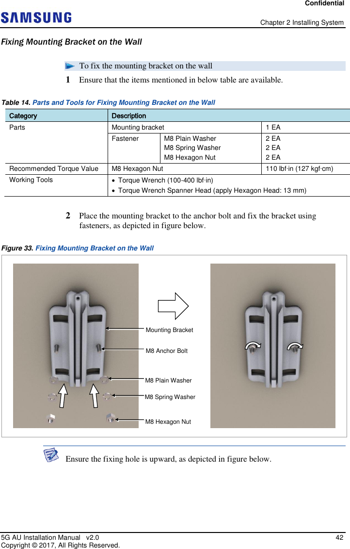 Confidential   Chapter 2 Installing System 5G AU Installation Manual   v2.0   42 Copyright ©  2017, All Rights Reserved. Fixing Mounting Bracket on the Wall  To fix the mounting bracket on the wall 1  Ensure that the items mentioned in below table are available. Table 14. Parts and Tools for Fixing Mounting Bracket on the Wall  Category Description Parts Mounting bracket 1 EA Fastener M8 Plain Washer M8 Spring Washer M8 Hexagon Nut 2 EA 2 EA 2 EA Recommended Torque Value M8 Hexagon Nut 110 lbfin (127 kgfcm) Working Tools   Torque Wrench (100-400 lbfin)   Torque Wrench Spanner Head (apply Hexagon Head: 13 mm)  2  Place the mounting bracket to the anchor bolt and fix the bracket using fasteners, as depicted in figure below. Figure 33. Fixing Mounting Bracket on the Wall   Ensure the fixing hole is upward, as depicted in figure below.  Mounting Bracket M8 Plain Washer M8 Spring Washer M8 Hexagon Nut M8 Anchor Bolt 