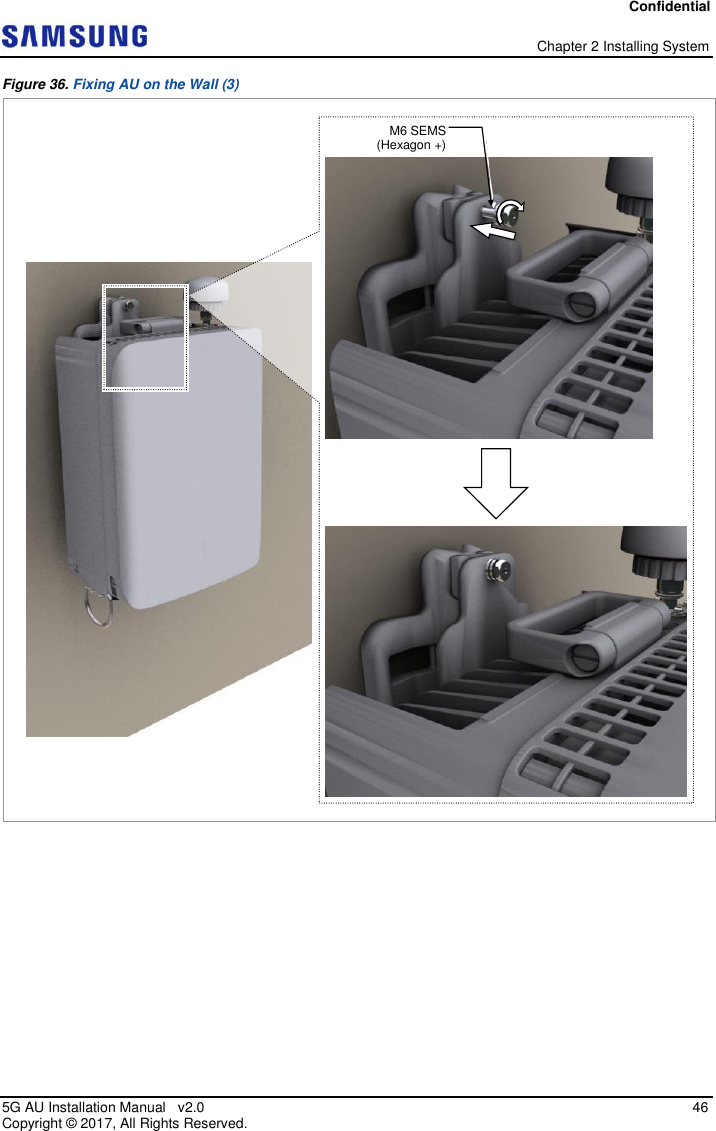 Confidential   Chapter 2 Installing System 5G AU Installation Manual   v2.0   46 Copyright ©  2017, All Rights Reserved. Figure 36. Fixing AU on the Wall (3)    M6 SEMS (Hexagon +) 