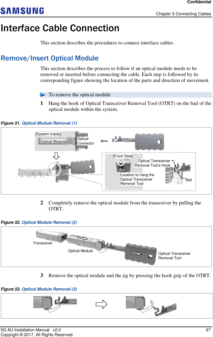 Confidential   Chapter 3 Connecting Cables 5G AU Installation Manual   v2.0   67 Copyright ©  2017, All Rights Reserved. Interface Cable Connection This section describes the procedures to connect interface cables. Remove/Insert Optical Module This section describes the process to follow if an optical module needs to be removed or inserted before connecting the cable. Each step is followed by its corresponding figure showing the location of the parts and direction of movement.  To remove the optical module 1  Hang the hook of Optical Transceiver Removal Tool (OTRT) on the bail of the optical module within the system.  Figure 51. Optical Module Removal (1)  2  Completely remove the optical module from the transceiver by pulling the OTRT. Figure 52. Optical Module Removal (2)  3  Remove the optical module and the jig by pressing the hook grip of the OTRT. Figure 53. Optical Module Removal (3)    Optical Connector Optical Module [System Inside] Optical Transceiver Removal Tool’s Hook Bail [Front View] Location to hang the Optical Transceiver Removal Tool Optical Transceiver Removal Tool Optical Module Transceiver 