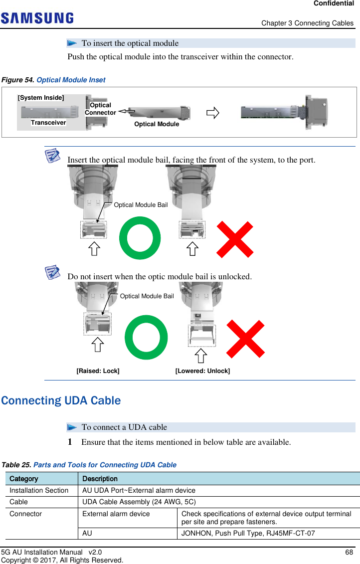 Confidential   Chapter 3 Connecting Cables 5G AU Installation Manual   v2.0   68 Copyright ©  2017, All Rights Reserved.  To insert the optical module Push the optical module into the transceiver within the connector. Figure 54. Optical Module Inset   Insert the optical module bail, facing the front of the system, to the port.   Do not insert when the optic module bail is unlocked.  Connecting UDA Cable  To connect a UDA cable 1  Ensure that the items mentioned in below table are available. Table 25. Parts and Tools for Connecting UDA Cable Category Description Installation Section AU UDA Port~External alarm device Cable UDA Cable Assembly (24 AWG, 5C) Connector External alarm device Check specifications of external device output terminal per site and prepare fasteners. AU JONHON, Push Pull Type, RJ45MF-CT-07 [System Inside] Transceiver Optical Module Optical Connector Optical Module Bail Optical Module Bail [Raised: Lock] [Lowered: Unlock] 