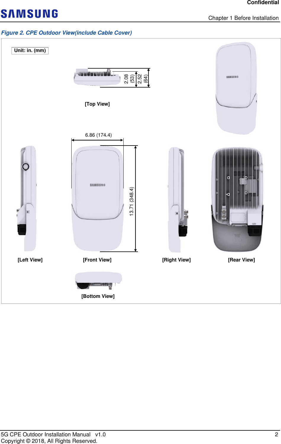 Confidential   Chapter 1 Before Installation 5G CPE Outdoor Installation Manual   v1.0    2 Copyright ©  2018, All Rights Reserved. Figure 2. CPE Outdoor View(include Cable Cover)    [Bottom View] [Top View] [Left View] 13.71 (348.4) 2.08 (53) Unit: in. (mm) [Right View] [Rear View] [Front View] 6.86 (174.4)  2.52 (64) 