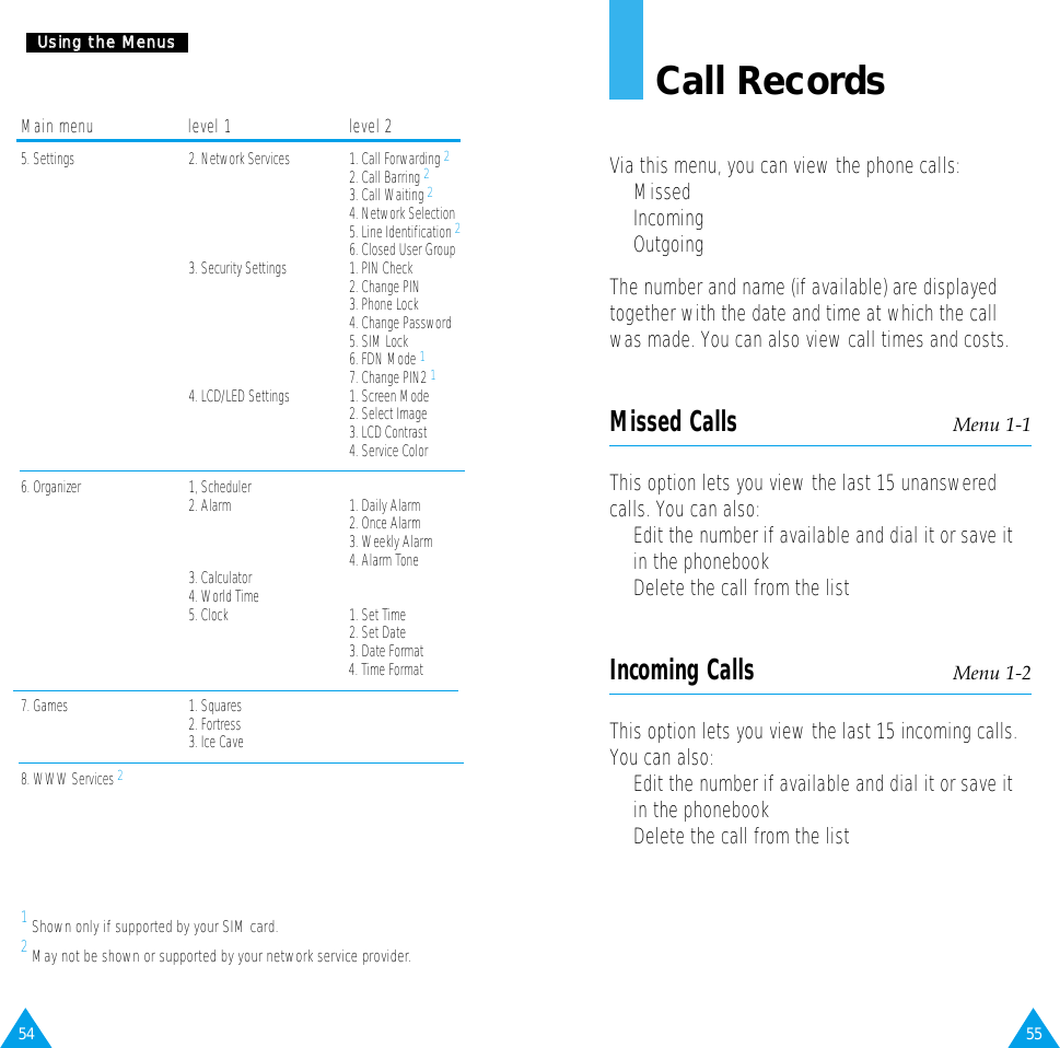 Call RecordsVia this menu, you can view the phone calls:•  Missed•  Incoming•  OutgoingThe number and name (if available) are displayedtogether with the date and time at which the callwas made. You can also view call times and costs.Missed Calls Menu 1-1This option lets you view the last 15 unansweredcalls. You can also:•  Edit the number if available and dial it or save itin the phonebook•  Delete the call from the listIncoming Calls Menu 1-2This option lets you view the last 15 incoming calls.You can also:•  Edit the number if available and dial it or save itin the phonebook•  Delete the call from the list5554UUssiinngg  tthhee  MMeennuussMain menu level 1 level 25. Settings 2. Network Services 1. Call Forwarding 22. Call Barring 23. Call Waiting 24. Network Selection5. Line Identification 26. Closed User Group3. Security Settings 1. PIN Check2. Change PIN3. Phone Lock4. Change Password5. SIM Lock6. FDN Mode 17. Change PIN2 14. LCD/LED Settings 1. Screen Mode2. Select Image3. LCD Contrast4. Service Color6. Organizer 1, Scheduler2. Alarm 1. Daily Alarm2. Once Alarm3. Weekly Alarm4. Alarm Tone3. Calculator4. World Time5. Clock 1. Set Time2. Set Date3. Date Format4. Time Format7. Games 1. Squares2. Fortress3. Ice Cave8. WWW Services 21 Shown only if supported by your SIM card.2 May not be shown or supported by your network service provider.
