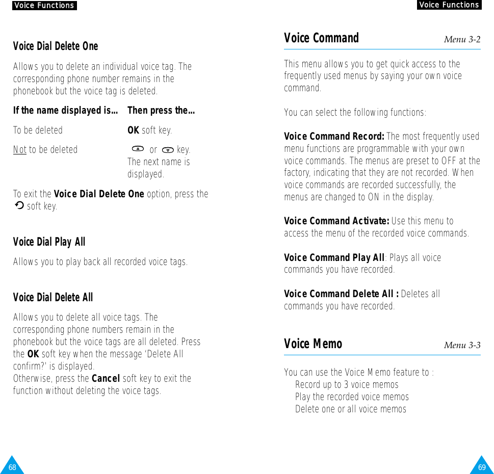 69VVooiiccee  FFuunnccttiioonnssVoice Command Menu 3-2This menu allows you to get quick access to thefrequently used menus by saying your own voicecommand. You can select the following functions:Voice Command Record: The most frequently usedmenu functions are programmable with your ownvoice commands. The menus are preset to OFF at thefactory, indicating that they are not recorded. Whenvoice commands are recorded successfully, themenus are changed to ON in the display.Voice Command Activate: Use this menu to access the menu of the recorded voice commands.Voice Command Play All: Plays all voicecommands you have recorded.Voice Command Delete All : Deletes allcommands you have recorded.Voice Memo Menu 3-3You can use the Voice Memo feature to :•  Record up to 3 voice memos•  Play the recorded voice memos•  Delete one or all voice memos68VVooiiccee  FFuunnccttiioonnssVoice Dial Delete OneAllows you to delete an individual voice tag. Thecorresponding phone number remains in thephonebook but the voice tag is deleted.If the name displayed is... Then press the...To be deleted OK soft key.Not to be deleted or        key.The next name isdisplayed.To exit the Voice Dial Delete One option, press thesoft key.Voice Dial Play AllAllows you to play back all recorded voice tags.Voice Dial Delete AllAllows you to delete all voice tags. Thecorresponding phone numbers remain in thephonebook but the voice tags are all deleted. Pressthe OK soft key when the message ‘Delete Allconfirm?’ is displayed.Otherwise, press the Cancel soft key to exit thefunction without deleting the voice tags.
