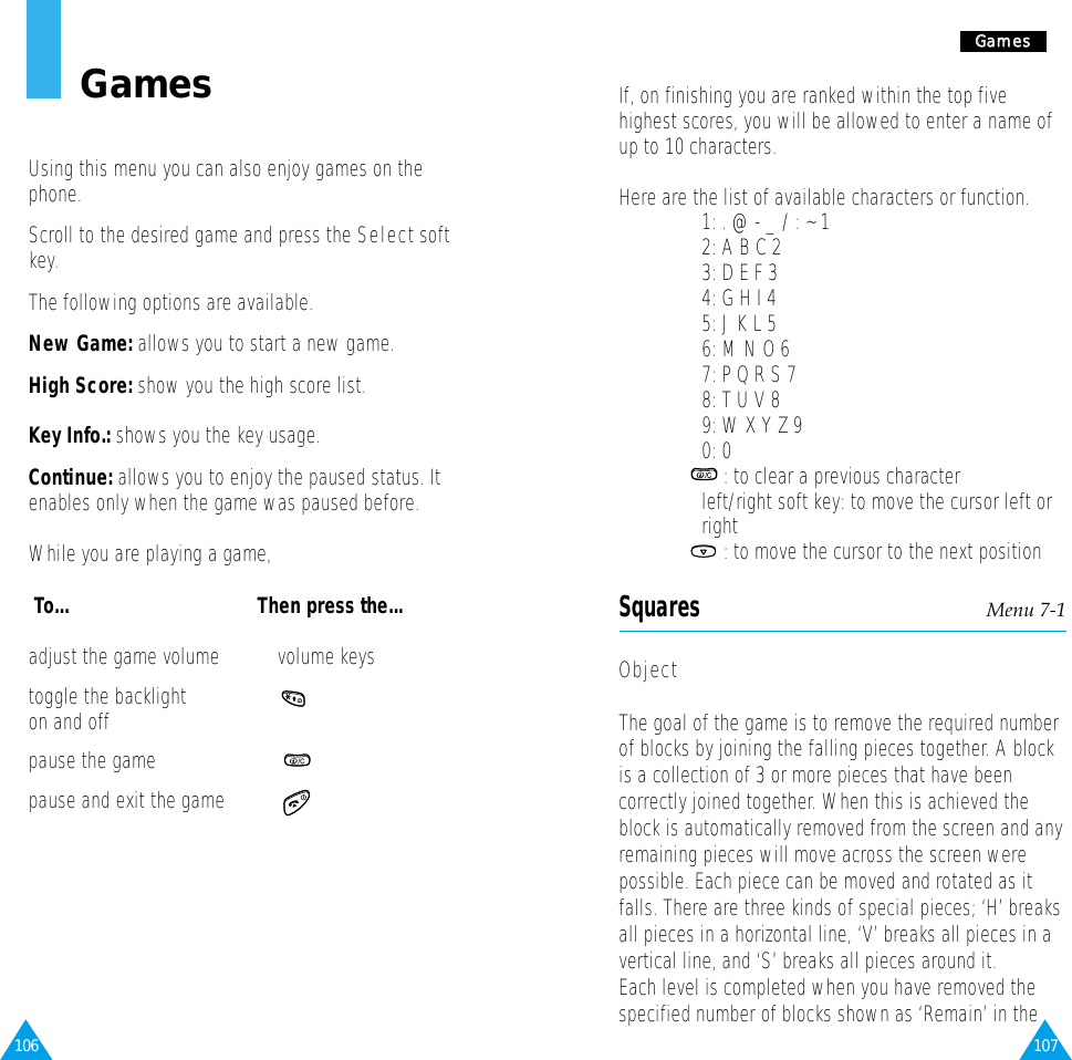 107GGaammeessIf, on finishing you are ranked within the top fivehighest scores, you will be allowed to enter a name ofup to 10 characters.Here are the list of available characters or function.1: . @ - _ / : ~ 12: A B C 23: D E F 34: G H I 45: J K L 56: M N O 67: P Q R S 78: T U V 8 9: W X Y Z 90: 0 : to clear a previous characterleft/right soft key: to move the cursor left or right: to move the cursor to the next positionSquares Menu 7-1ObjectThe goal of the game is to remove the required numberof blocks by joining the falling pieces together. A blockis a collection of 3 or more pieces that have beencorrectly joined together. When this is achieved theblock is automatically removed from the screen and anyremaining pieces will move across the screen werepossible. Each piece can be moved and rotated as itfalls. There are three kinds of special pieces; ‘H’ breaksall pieces in a horizontal line, ‘V’ breaks all pieces in avertical line, and ‘S’ breaks all pieces around it.Each level is completed when you have removed thespecified number of blocks shown as ‘Remain’ in the106GamesUsing this menu you can also enjoy games on thephone. Scroll to the desired game and press the Selectsoftkey.The following options are available.New Game: allows you to start a new game.High Score: show you the high score list.Key Info.: shows you the key usage.Continue: allows you to enjoy the paused status. Itenables only when the game was paused before.While you are playing a game,To... Then press the...adjust the game volume volume keystoggle the backlight on and off pause the gamepause and exit the game