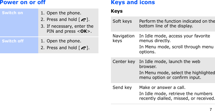 7Power on or off Keys and iconsKeysSwitch on1. Open the phone.2. Press and hold [ ].3. If necessary, enter the PIN and press &lt;OK&gt;.Switch off1. Open the phone. 2. Press and hold [ ].Soft keys Perform the function indicated on the bottom line of the display.Navigation keysIn Idle mode, access your favorite menus directly.In Menu mode, scroll through menu options.Center key In Idle mode, launch the web browser.In Menu mode, select the highlighted menu option or confirm input.Send key Make or answer a call.In Idle mode, retrieve the numbers recently dialled, missed, or received.