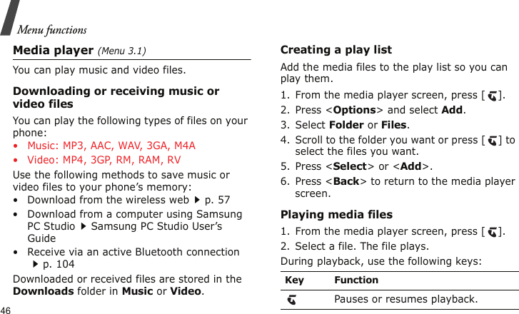 Menu functions46Media player (Menu 3.1)You can play music and video files. Downloading or receiving music or video filesYou can play the following types of files on your phone:• Music: MP3, AAC, WAV, 3GA, M4A• Video: MP4, 3GP, RM, RAM, RVUse the following methods to save music or video files to your phone’s memory:• Download from the wireless webp. 57• Download from a computer using Samsung PC StudioSamsung PC Studio User’s Guide• Receive via an active Bluetooth connectionp. 104Downloaded or received files are stored in the Downloads folder in Music or Video.Creating a play listAdd the media files to the play list so you can play them.1. From the media player screen, press [ ].2. Press &lt;Options&gt; and select Add.3. Select Folder or Files. 4. Scroll to the folder you want or press [ ] to select the files you want.5. Press &lt;Select&gt; or &lt;Add&gt;.6. Press &lt;Back&gt; to return to the media player screen.Playing media files1. From the media player screen, press [ ].2. Select a file. The file plays.During playback, use the following keys:Key FunctionPauses or resumes playback.