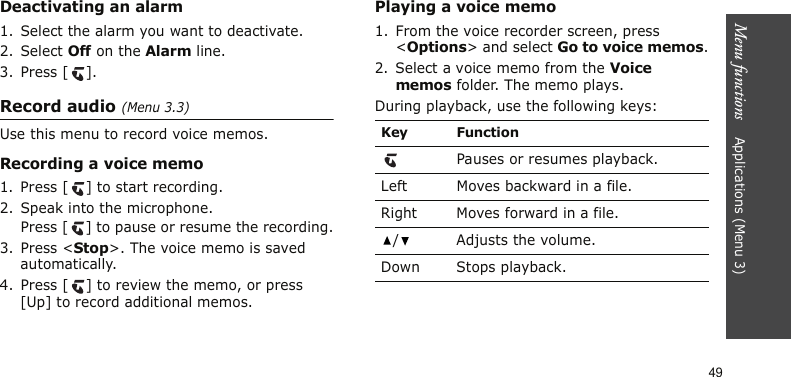 Menu functions    Applications (Menu 3)49Deactivating an alarm1. Select the alarm you want to deactivate.2. Select Off on the Alarm line.3. Press [ ].Record audio (Menu 3.3)Use this menu to record voice memos.Recording a voice memo1. Press [ ] to start recording. 2. Speak into the microphone.Press [ ] to pause or resume the recording.3. Press &lt;Stop&gt;. The voice memo is saved automatically.4. Press [ ] to review the memo, or press [Up] to record additional memos.Playing a voice memo1. From the voice recorder screen, press &lt;Options&gt; and select Go to voice memos.2. Select a voice memo from the Voice memos folder. The memo plays. During playback, use the following keys: Key FunctionPauses or resumes playback.Left Moves backward in a file.Right Moves forward in a file./ Adjusts the volume.Down Stops playback.