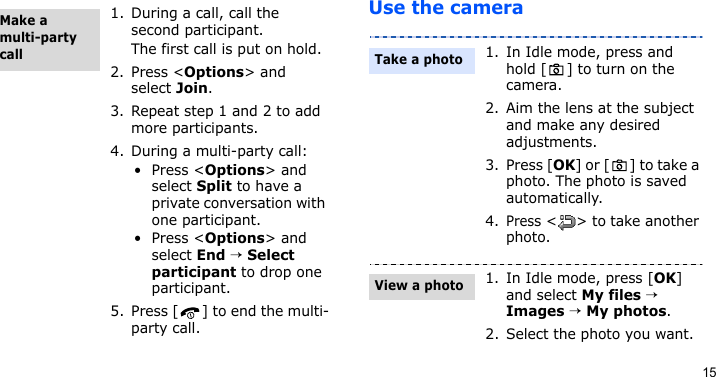 15Use the camera1. During a call, call the second participant.The first call is put on hold.2. Press &lt;Options&gt; and select Join.3. Repeat step 1 and 2 to add more participants.4. During a multi-party call:•Press &lt;Options&gt; and select Split to have a private conversation with one participant. •Press &lt;Options&gt; and select End → Select participant to drop one participant.5. Press [ ] to end the multi-party call.Make a multi-party call1. In Idle mode, press and hold [ ] to turn on the camera.2. Aim the lens at the subject and make any desired adjustments.3. Press [OK] or [ ] to take a photo. The photo is saved automatically.4.Press &lt; &gt; to take another photo.1. In Idle mode, press [OK] and select My files → Images → My photos.2. Select the photo you want.Take a photoView a photo