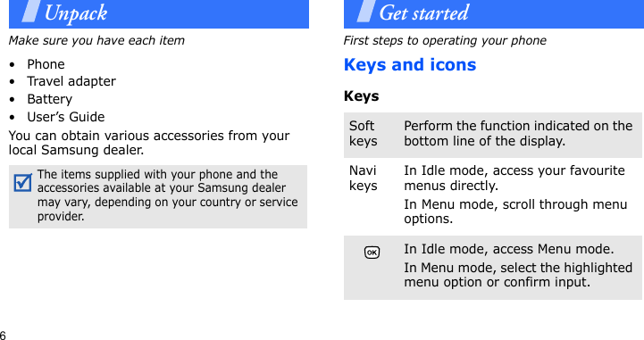 6UnpackMake sure you have each item• Phone•Travel adapter•Battery•User’s GuideYou can obtain various accessories from your local Samsung dealer.Get startedFirst steps to operating your phoneKeys and iconsKeysThe items supplied with your phone and the accessories available at your Samsung dealer may vary, depending on your country or service provider.Soft keysPerform the function indicated on the bottom line of the display.Navi keysIn Idle mode, access your favourite menus directly.In Menu mode, scroll through menu options.In Idle mode, access Menu mode.In Menu mode, select the highlighted menu option or confirm input.