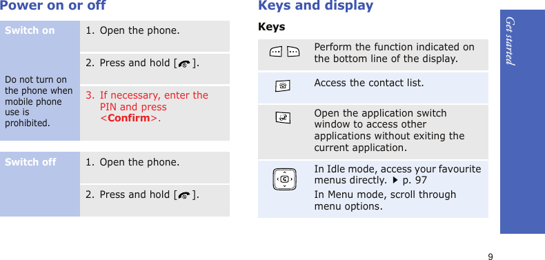 Get started9Power on or off Keys and displayKeysSwitch onDo not turn on the phone when mobile phone use is prohibited.1. Open the phone.2. Press and hold [ ].3. If necessary, enter the PIN and press &lt;Confirm&gt;.Switch off1. Open the phone.2. Press and hold [ ].Perform the function indicated on the bottom line of the display.Access the contact list.Open the application switch window to access other applications without exiting the current application.In Idle mode, access your favourite menus directly.p. 97In Menu mode, scroll through menu options.