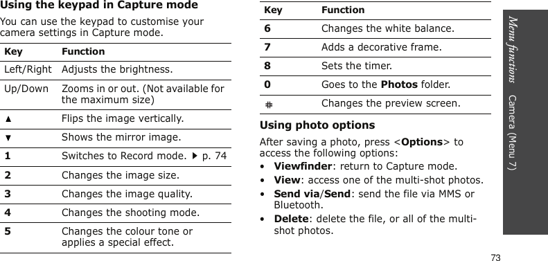 Menu functions    Camera (Menu 7)73Using the keypad in Capture modeYou can use the keypad to customise your camera settings in Capture mode.Using photo optionsAfter saving a photo, press &lt;Options&gt; to access the following options:•Viewfinder: return to Capture mode.•View: access one of the multi-shot photos.•Send via/Send: send the file via MMS or Bluetooth.•Delete: delete the file, or all of the multi-shot photos.Key FunctionLeft/Right Adjusts the brightness.Up/Down Zooms in or out. (Not available for the maximum size)Flips the image vertically.Shows the mirror image.1Switches to Record mode.p. 742Changes the image size.3Changes the image quality.4Changes the shooting mode.5Changes the colour tone or applies a special effect.6Changes the white balance.7Adds a decorative frame.8Sets the timer.0Goes to the Photos folder.Changes the preview screen.Key Function