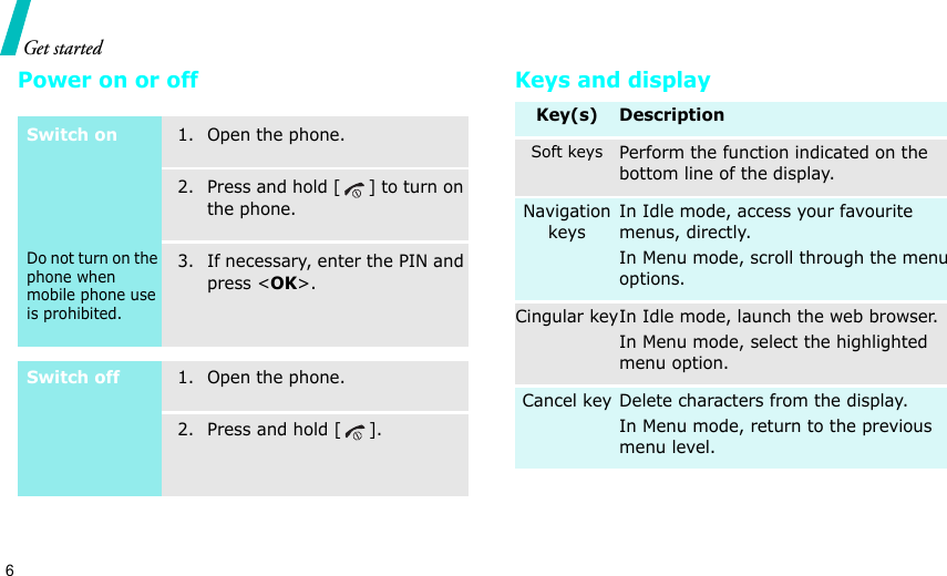 6Get startedPower on or off Keys and displaySwitch onDo not turn on the phone when mobile phone use is prohibited.1. Open the phone.2. Press and hold [ ] to turn on the phone.3. If necessary, enter the PIN and press &lt;OK&gt;.Switch off1. Open the phone.2. Press and hold [ ].Key(s) DescriptionSoft keysPerform the function indicated on the bottom line of the display.Navigation keysIn Idle mode, access your favourite menus, directly.In Menu mode, scroll through the menu options.Cingular keyIn Idle mode, launch the web browser.In Menu mode, select the highlighted menu option.Cancel key Delete characters from the display.In Menu mode, return to the previous menu level.