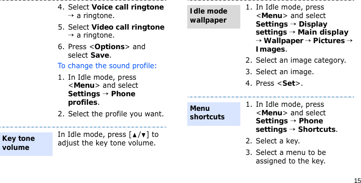 154. Select Voice call ringtone → a ringtone.5. Select Video call ringtone → a ringtone.6. Press &lt;Options&gt; and select Save.To change the sound profile:1. In Idle mode, press &lt;Menu&gt; and select Settings → Phone profiles.2. Select the profile you want.In Idle mode, press [ / ] to adjust the key tone volume.Key tone volume1. In Idle mode, press &lt;Menu&gt; and select Settings → Display settings → Main display → Wallpaper → Pictures → Images.2. Select an image category. 3. Select an image.4. Press &lt;Set&gt;.1. In Idle mode, press &lt;Menu&gt; and select Settings → Phone settings → Shortcuts.2. Select a key.3. Select a menu to be assigned to the key.Idle mode wallpaper Menu shortcuts