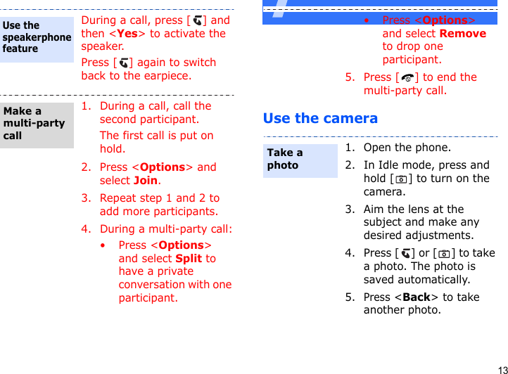 13Use the cameraDuring a call, press [ ] and then &lt;Yes&gt; to activate the speaker.Press [ ] again to switch back to the earpiece.1. During a call, call the second participant.The first call is put on hold.2. Press &lt;Options&gt; and select Join.3. Repeat step 1 and 2 to add more participants.4. During a multi-party call:•Press &lt;Options&gt; and select Split to have a private conversation with one participant. Use the speakerphone featureMake a multi-party call•Press &lt;Options&gt; and select Remove to drop one participant.5. Press [ ] to end the multi-party call.1. Open the phone.2. In Idle mode, press and hold [ ] to turn on the camera.3. Aim the lens at the subject and make any desired adjustments.4. Press [ ] or [ ] to take a photo. The photo is saved automatically.5.Press &lt;Back&gt; to take another photo.Take a photo